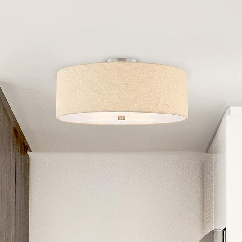 Image 2 Textile 18"W Brushed Nickel Ceiling Light with Cream Shade