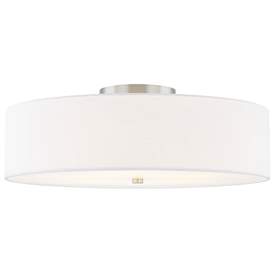 Image1 of Textile 30"W Classic Drum Brushed Nickel Semi-Flush With White Linen S