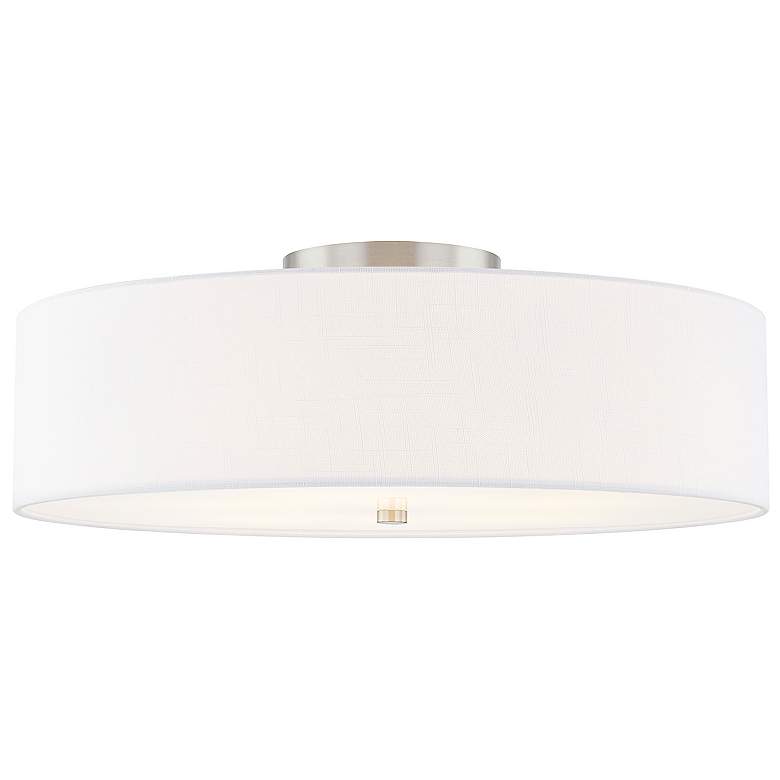 Image 1 Textile 30"W Classic Drum Brushed Nickel Semi-Flush With White Linen S