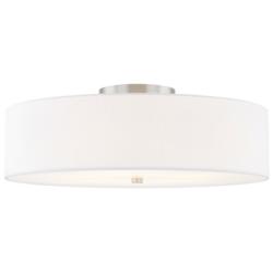 Textile 30"W Classic Drum Brushed Nickel Semi-Flush With White Linen S