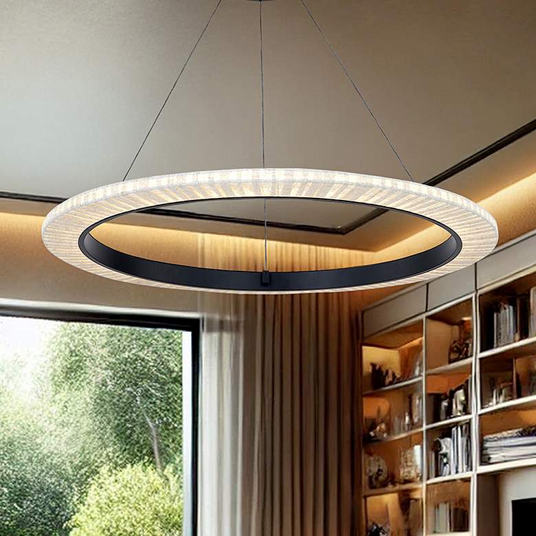 Image 1 Textile 42" Wide Medallo LED Ring Cream Linen Pendant