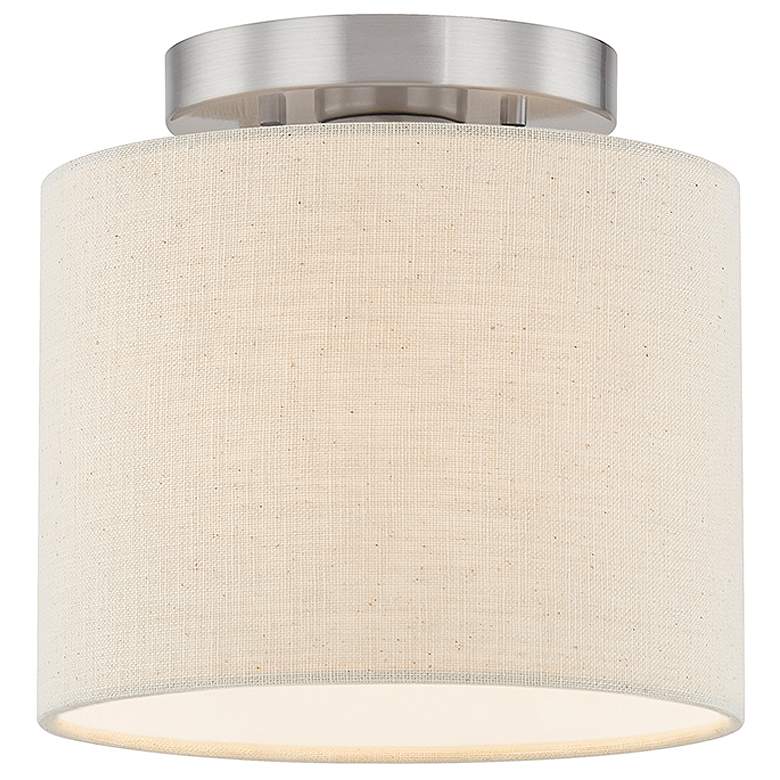 Image 1 Textile 8"W Open Bottom Drum Brushed Nickel Semi-Flush w/ Cream Shade