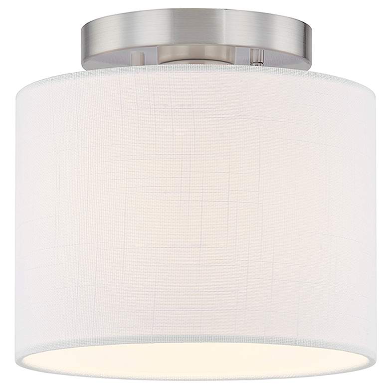 Image 1 Textile 8"W Open Bottom Drum Brushed Nickel Semi-Flush w/ White Shade