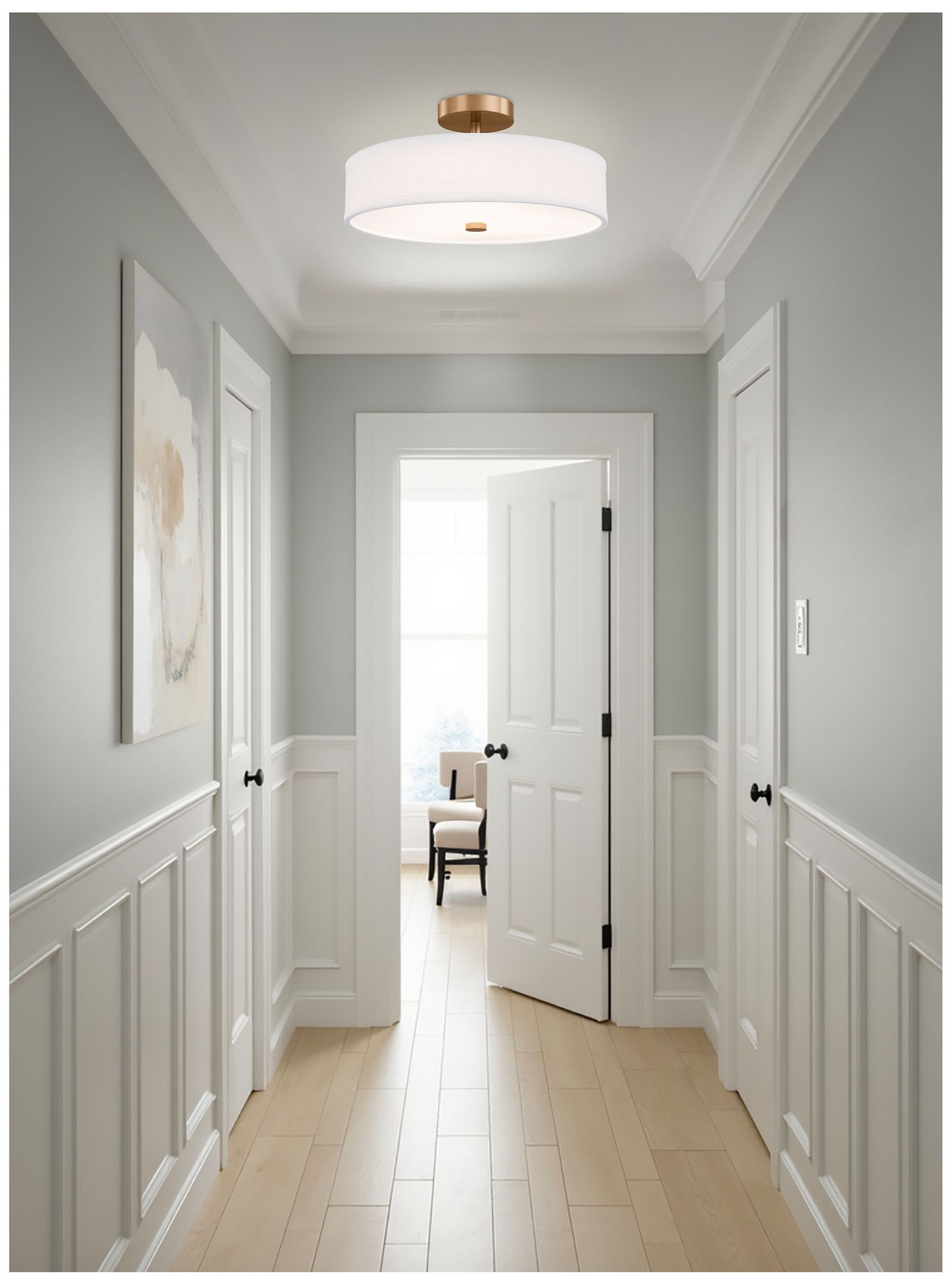 Image 4 Textile Genova 18" Wide Brushed Brass, White Linen LED Semi-Flush more views