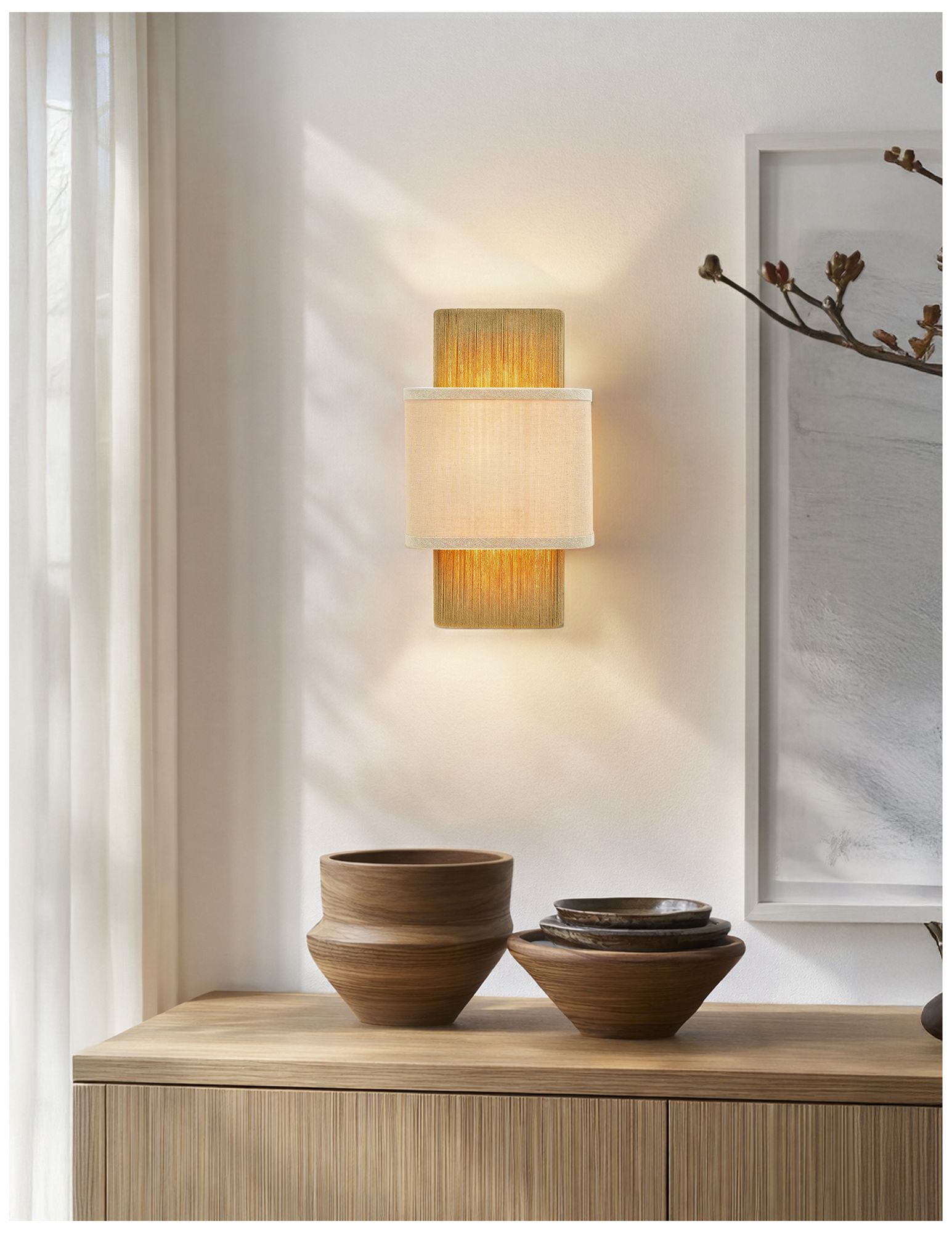 Image 5 Textile Narberth 13.5" High 2-Light Brushed Brass, Cream Linen Wall Sconce more views