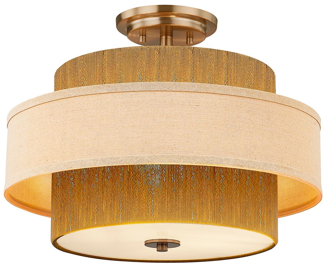 Textile Narberth 18"W 3-Light Brushed Brass, Cream Linen Semi-Flush