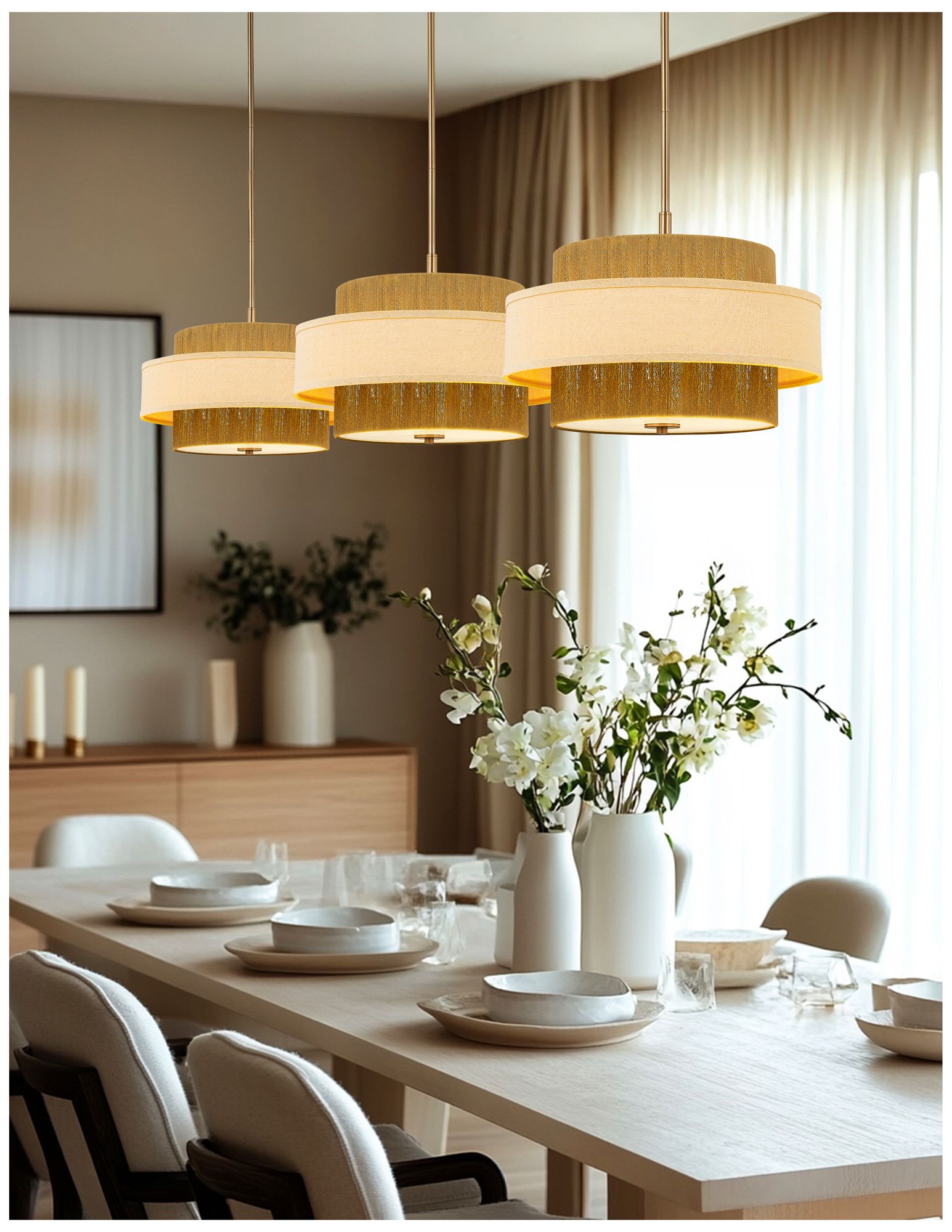 Image 3 Textile Narberth 18" Wide 3-Light Brushed Brass, Cream Linen Pendant more views