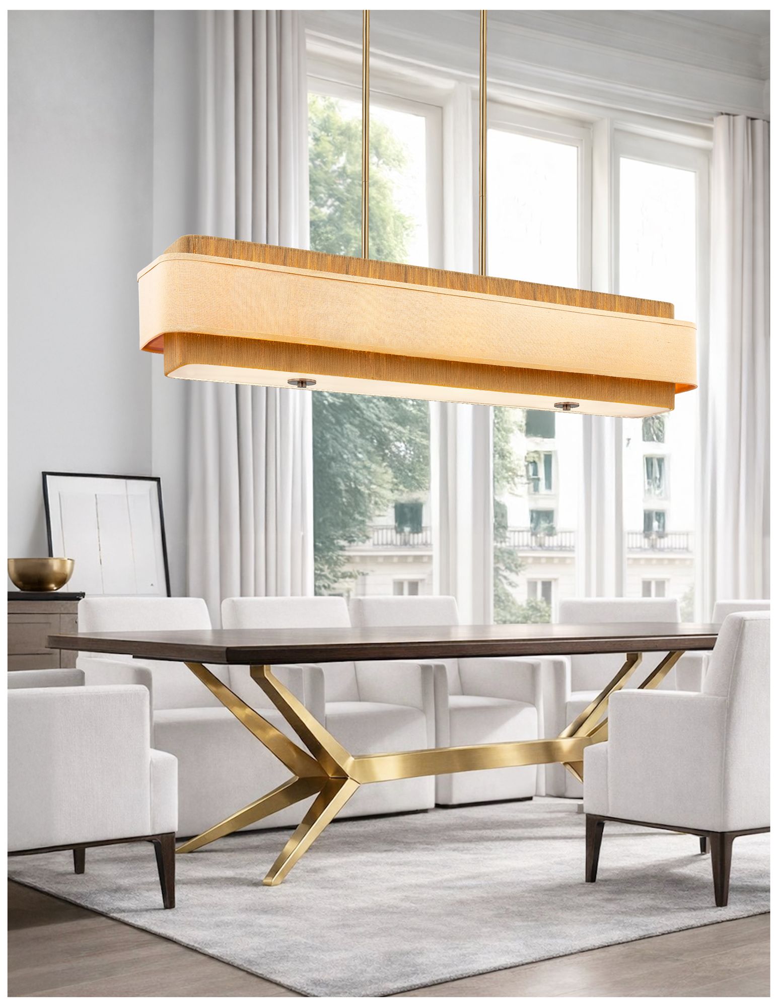 Image 4 Textile Narberth 44" Wide 5-Light Brushed Brass, Cream Linen Pendant more views