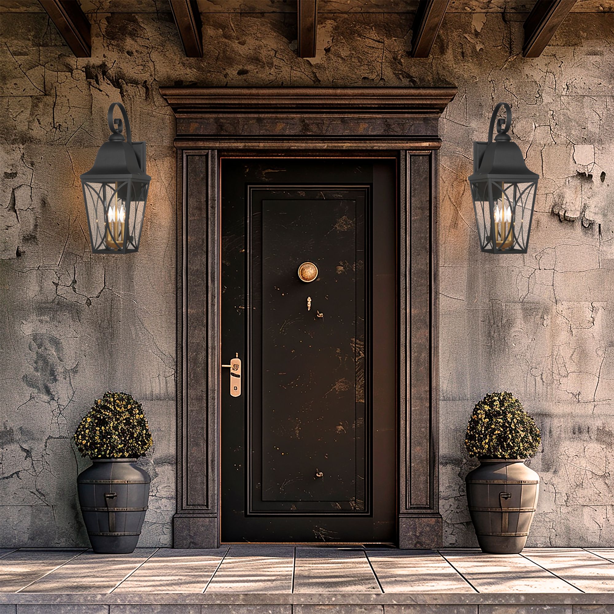 Image 6 The Great Outdoors Cardigan 3-Light 9-in Black and Brass Outdoor Wall Light more views