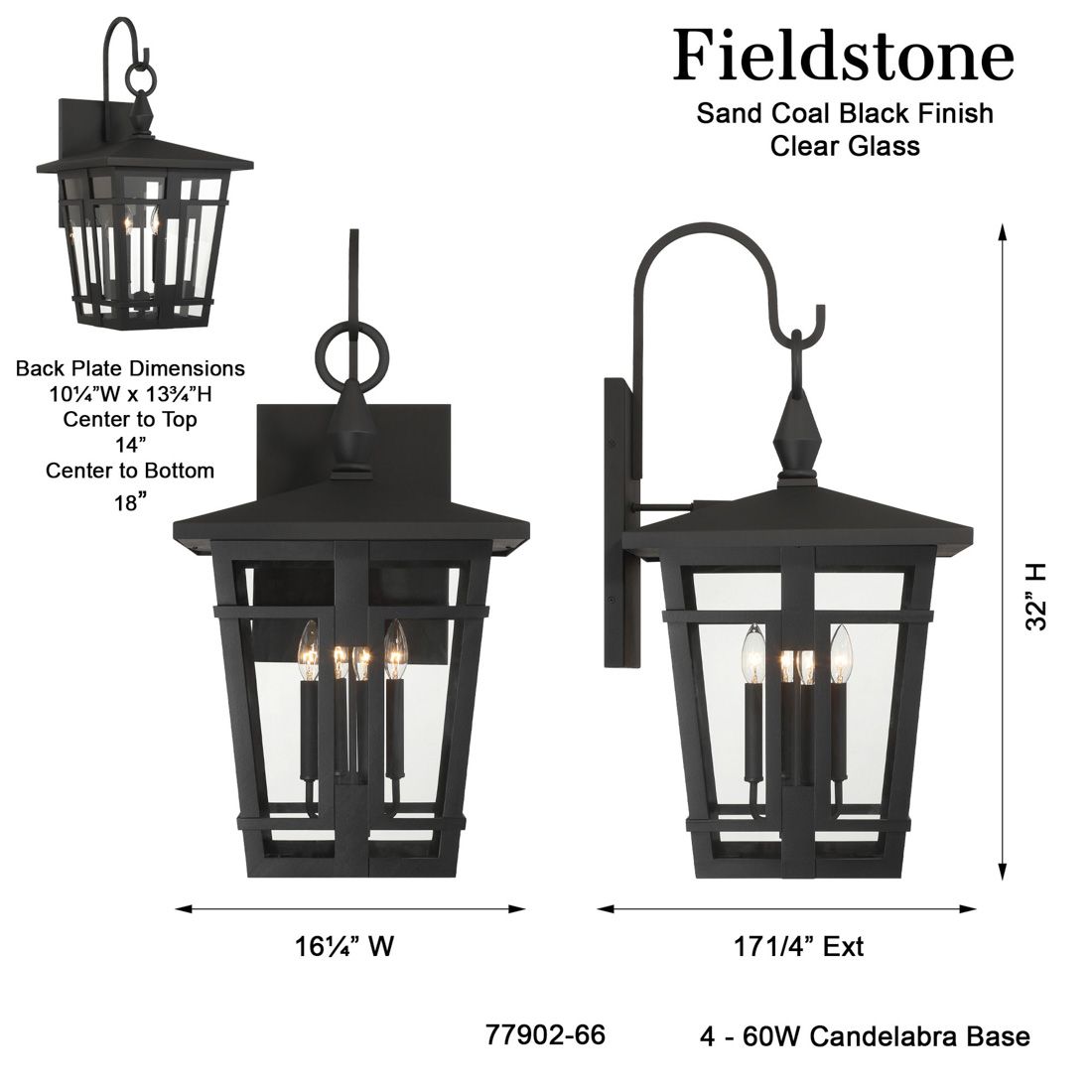The Great Outdoors Fieldstone 4-Light 16.25-in Black Outdoor Wall Sconce