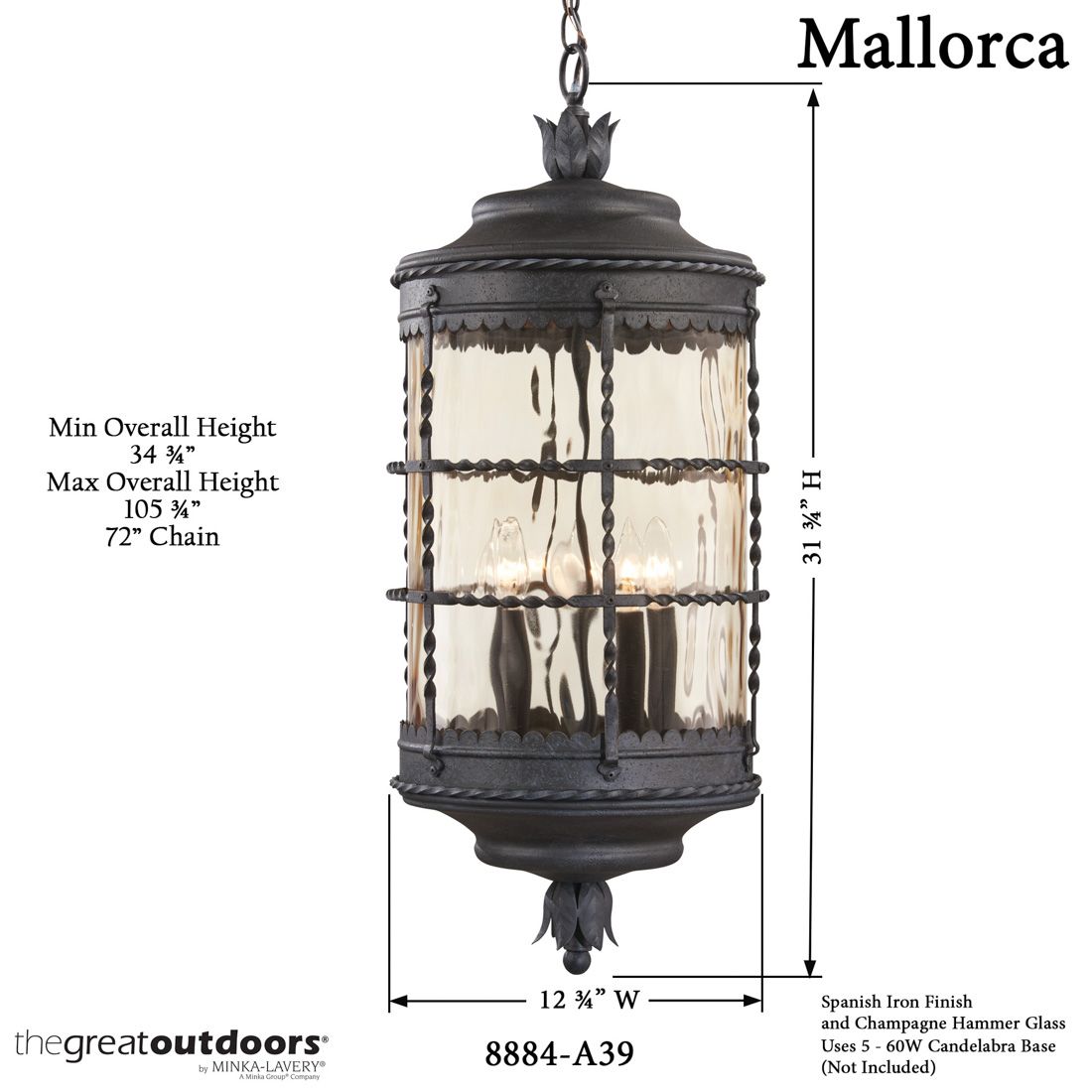 The Great Outdoors Mallorca 5-Light Spanish Iron Outdoor Chain Hung Lantern in scene
