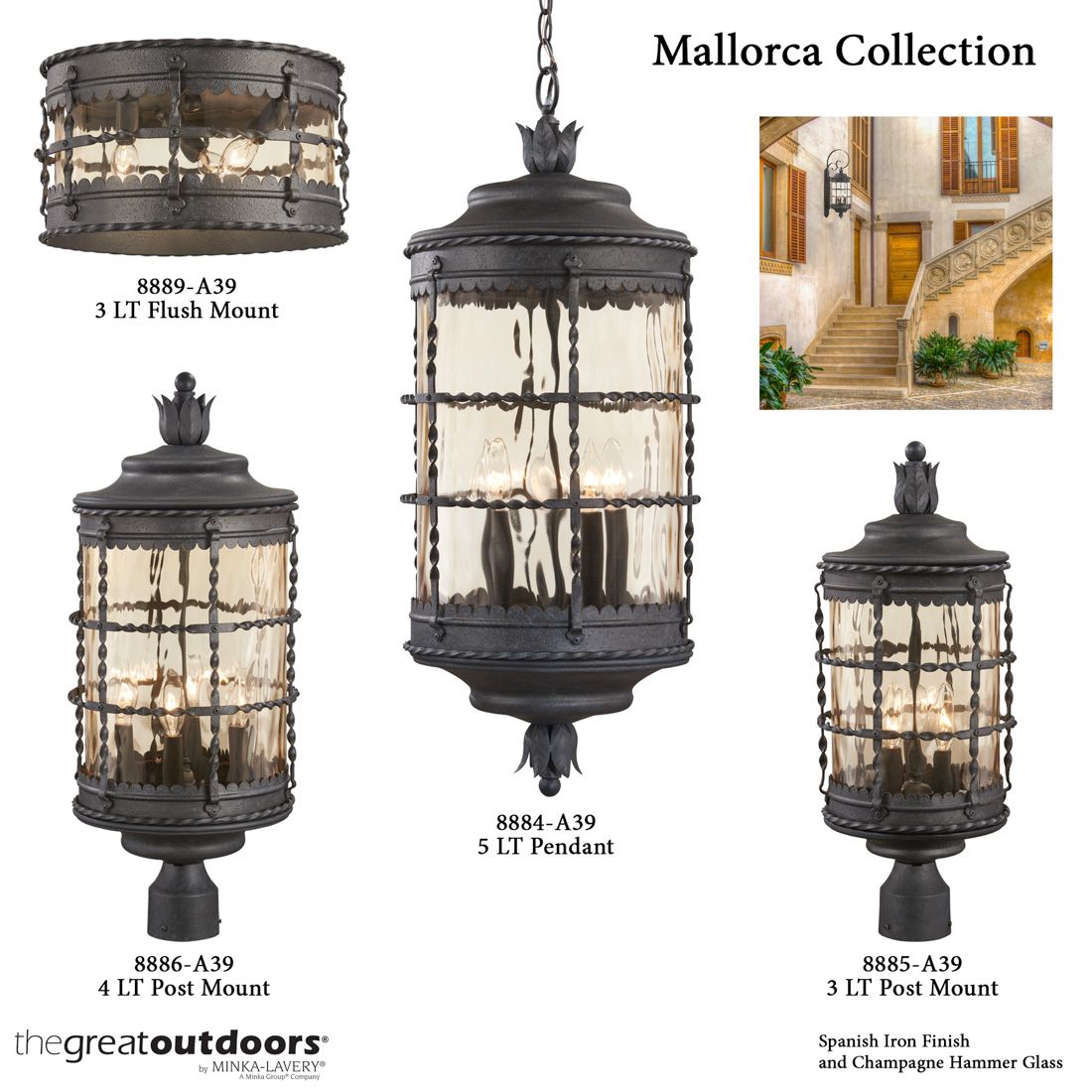 The Great Outdoors Mallorca 5-Light Spanish Iron Outdoor Chain Hung Lantern in scene