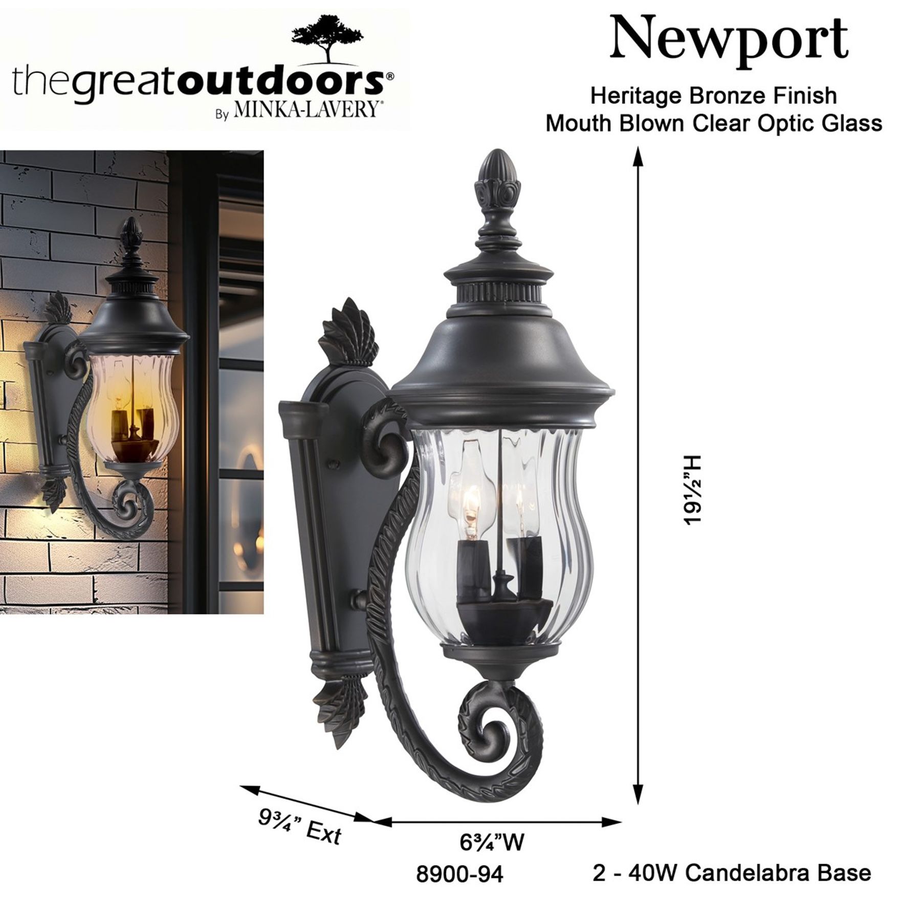 Image 7 The Great Outdoors Newport 2-Light Heritage Bronze Outdoor Wall Mount more views