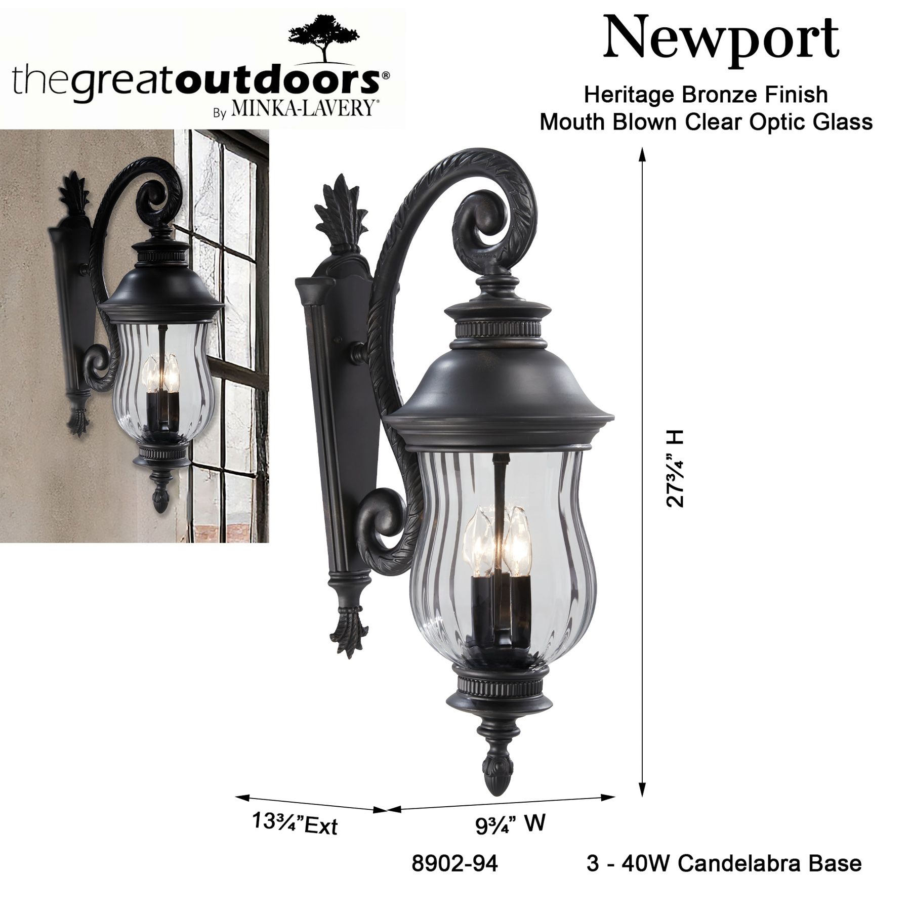 The Great Outdoors Newport 3-Light Heritage Outdoor Wall Mount in scene