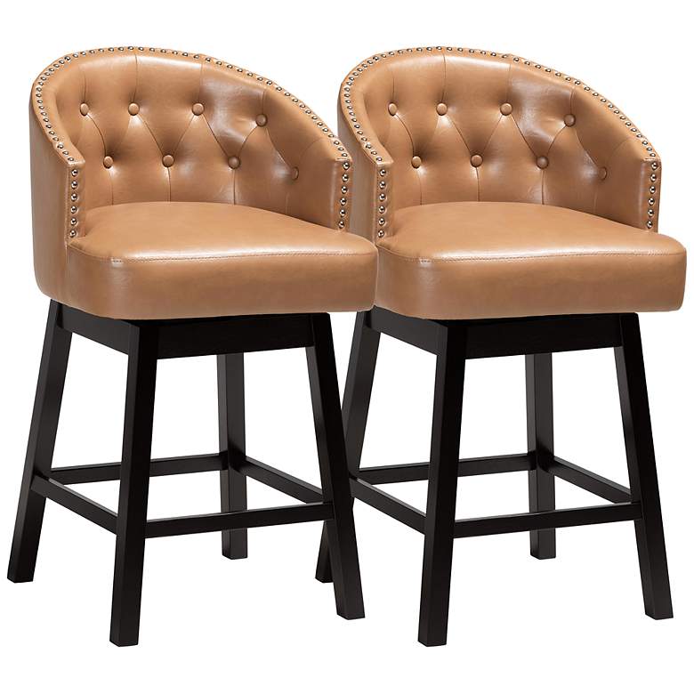 Image 2 Theron 27" Tan Faux Leather Swivel Counter Stools Set of 2