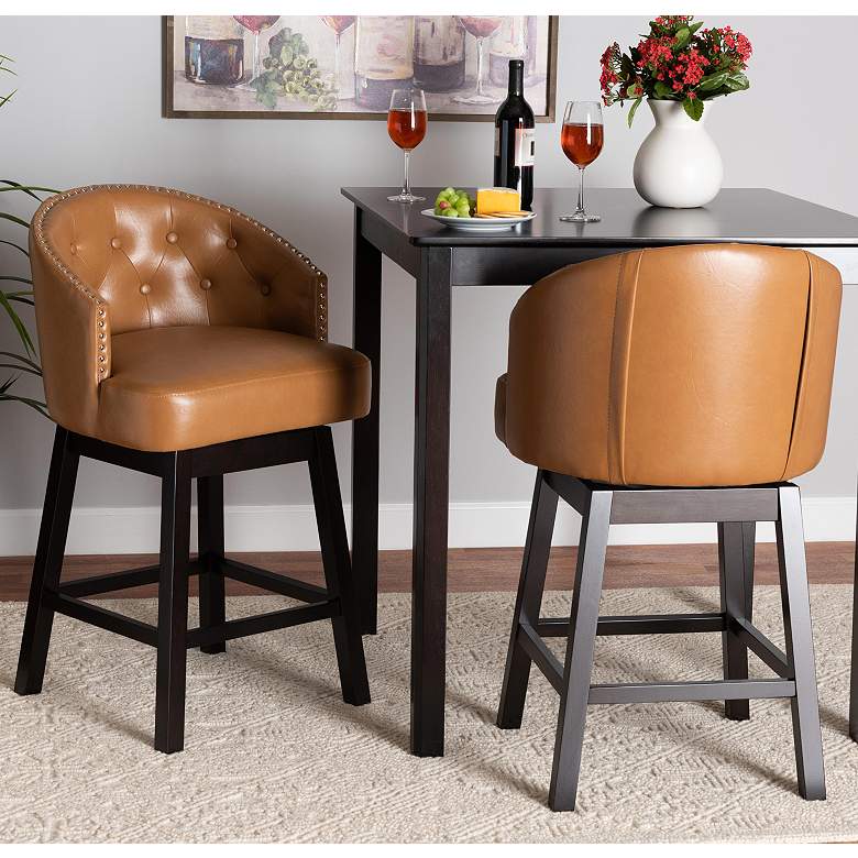 Image 1 Theron 27" Tan Faux Leather Swivel Counter Stools Set of 2