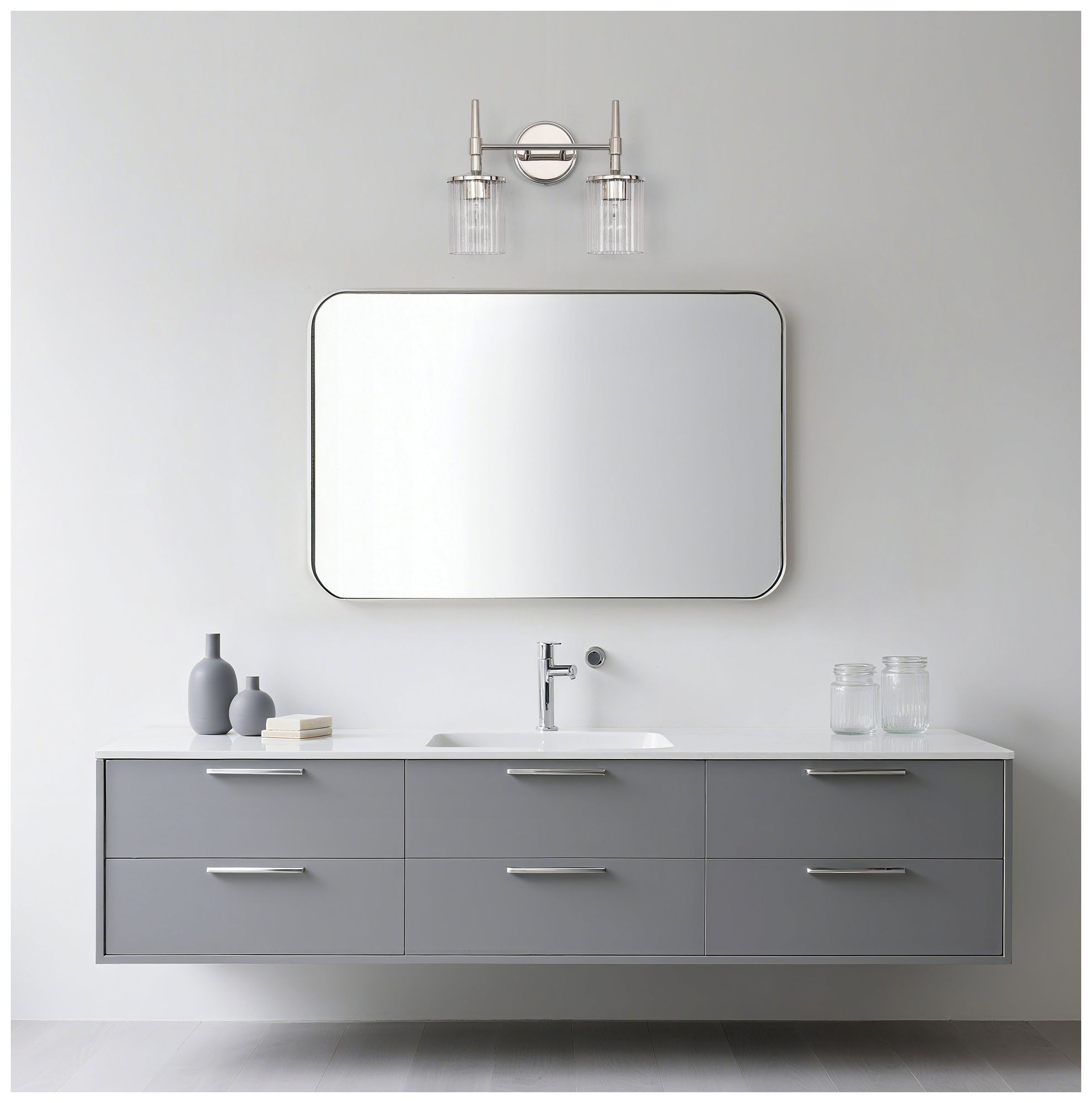 Thesis Andrea 15" Polished Nickel Vanity Light w/ Clear Ribbed Glass Shades