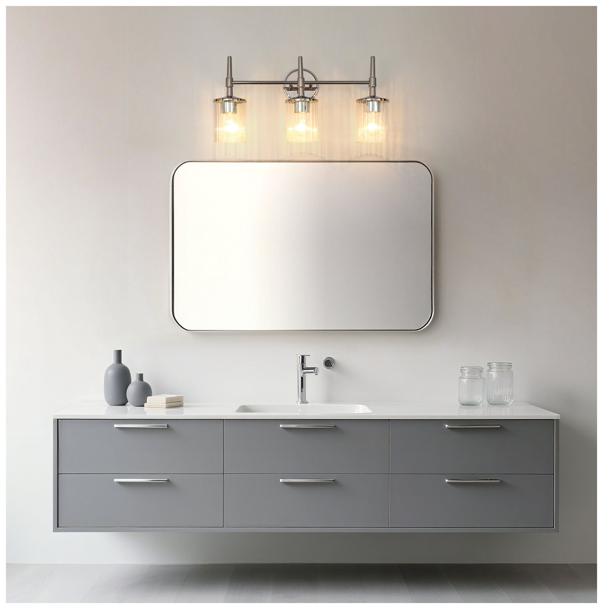 Thesis Andrea 24" Polished Nickel Vanity Light, Clear Ribbed Glass Shades