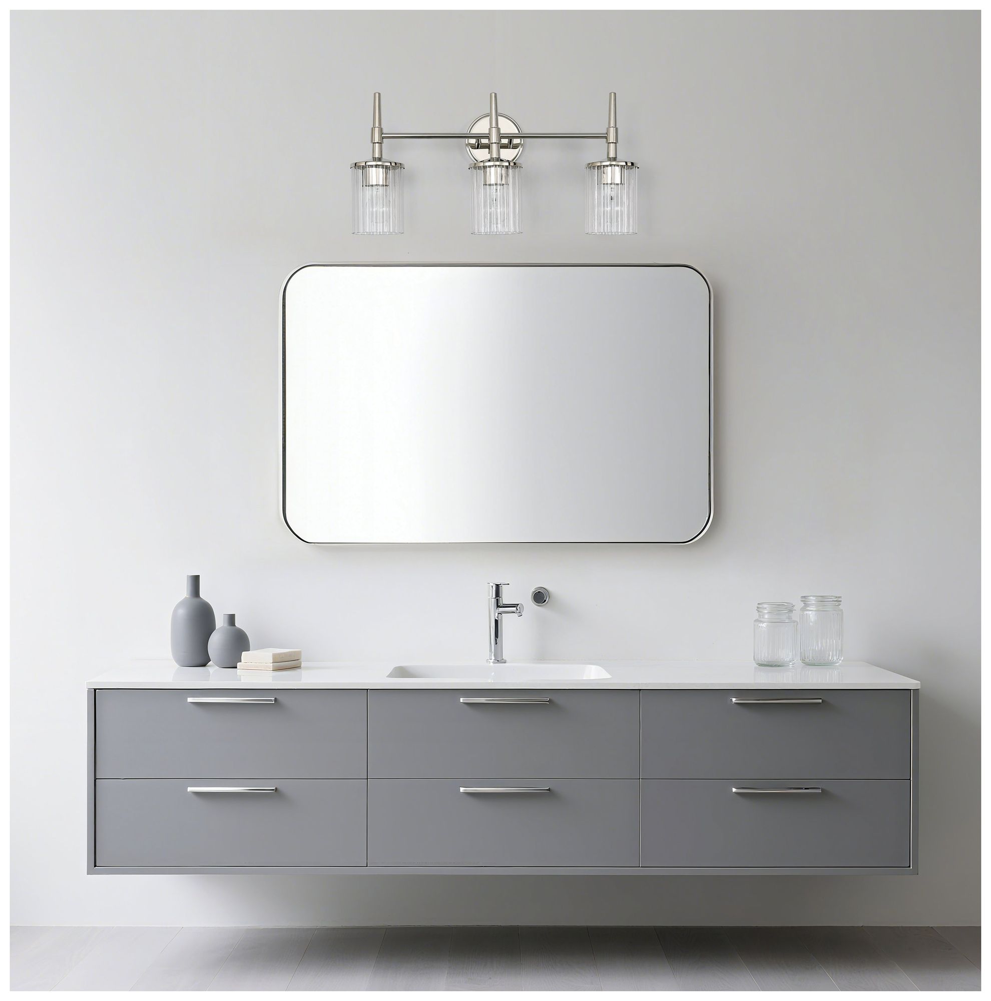 Thesis Andrea 24" Polished Nickel Vanity Light, Clear Ribbed Glass Shades