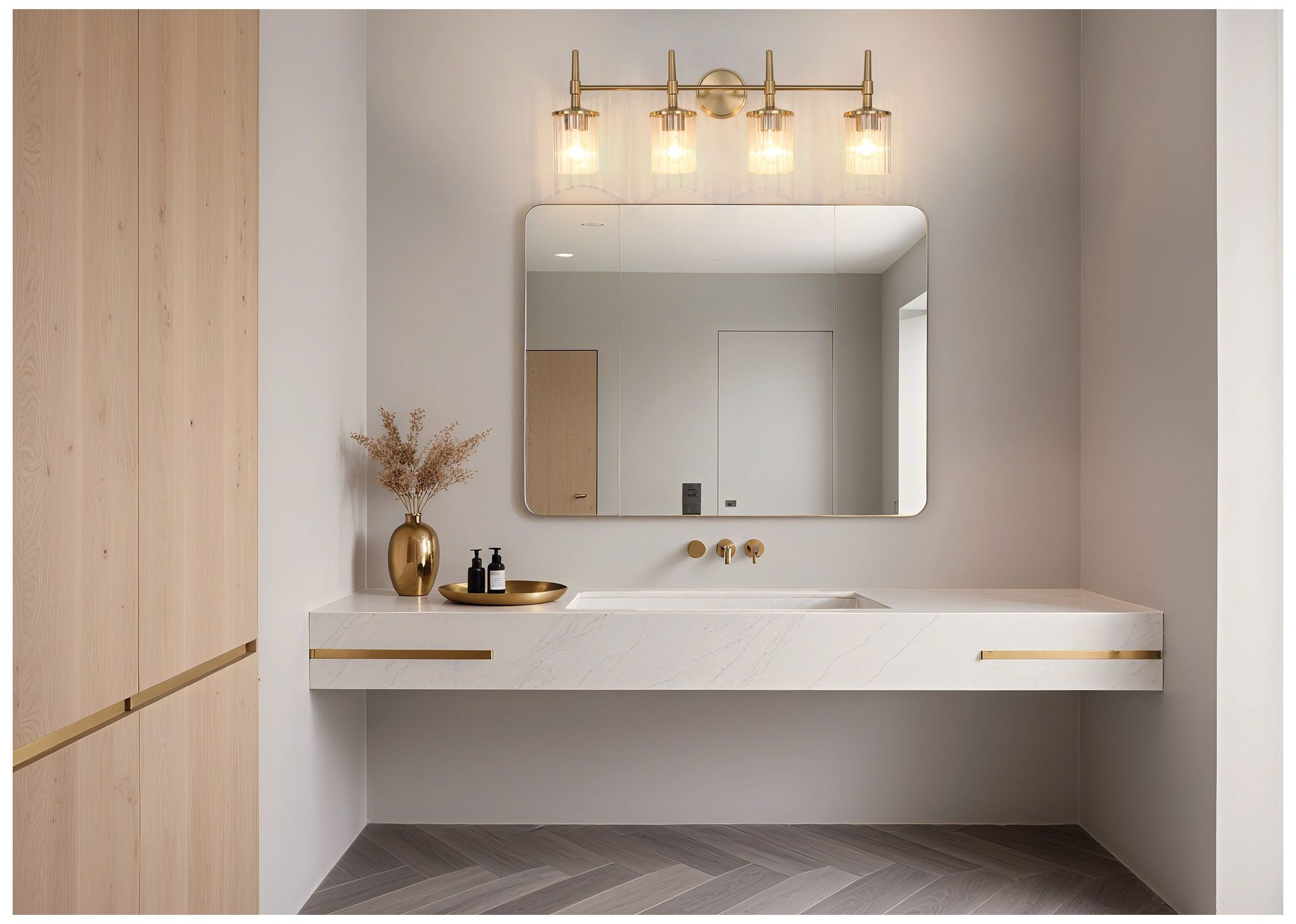 Image 7 Thesis Andrea 32" Champagne Gold Vanity Light, Clear Ribbed Glass Shades more views
