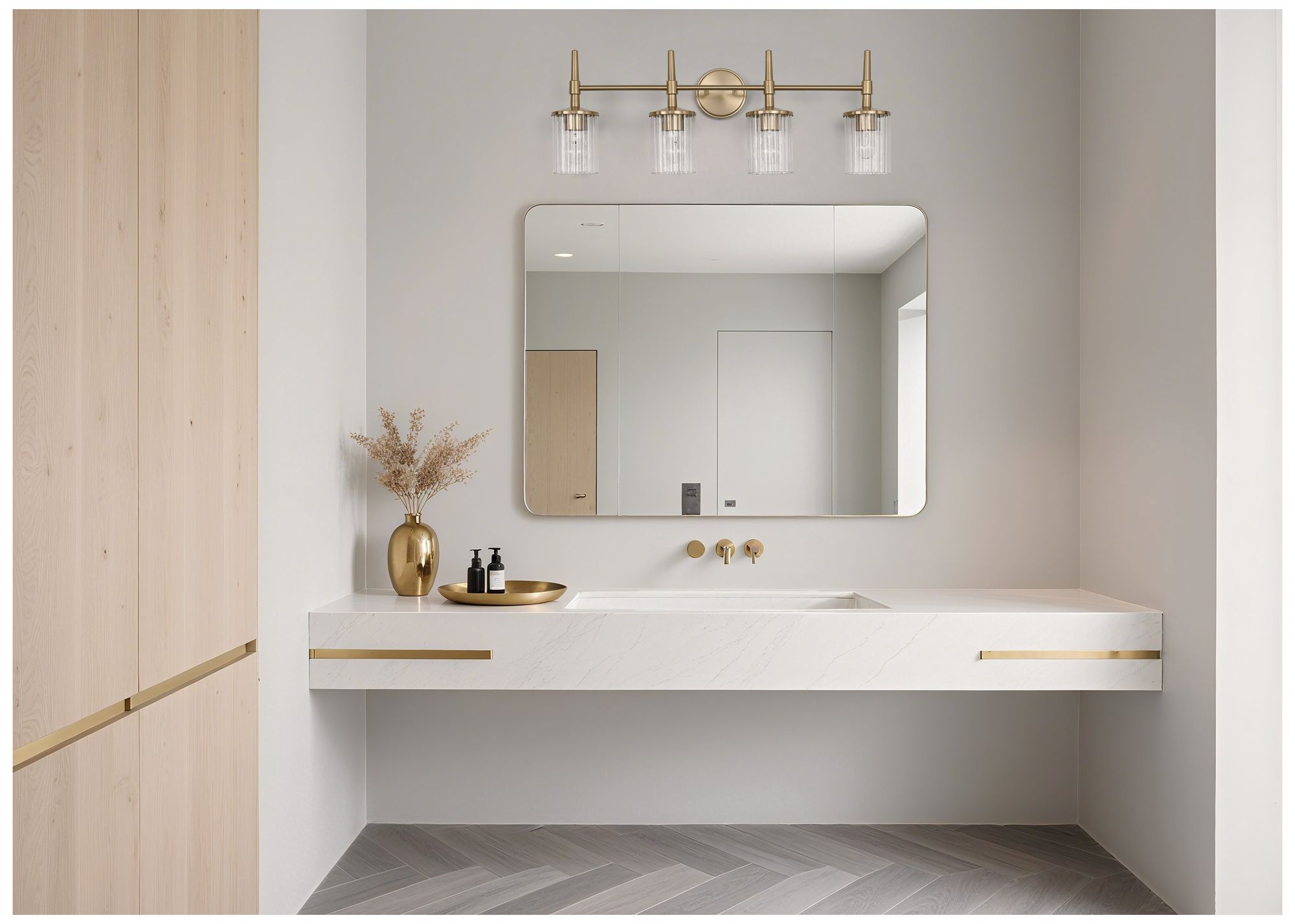 Thesis Andrea 32" Champagne Gold Vanity Light, Clear Ribbed Glass Shades