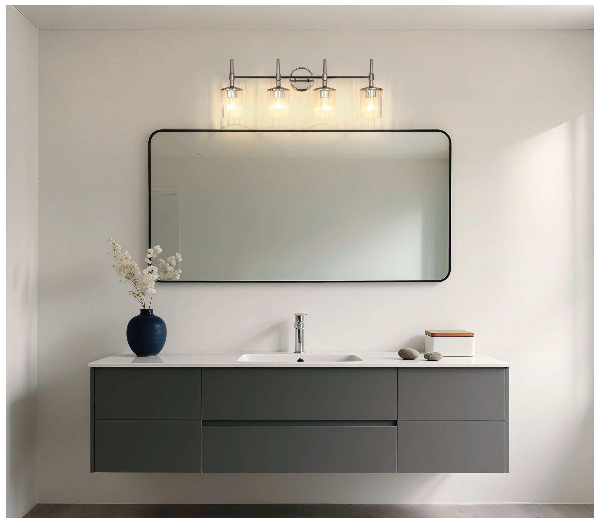 Image 7 Thesis Andrea 32" Polished Nickel Vanity Light - Clear Ribbed Glass Shades more views