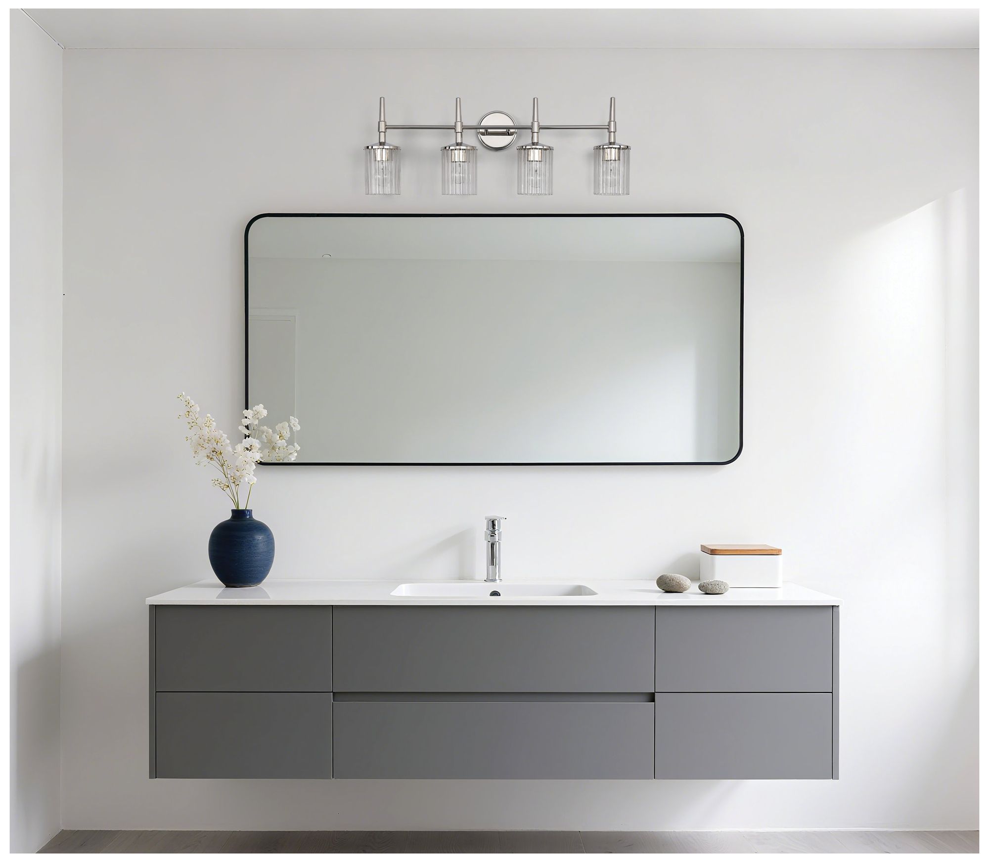 Thesis Andrea 32" Polished Nickel Vanity Light - Clear Ribbed Glass Shades