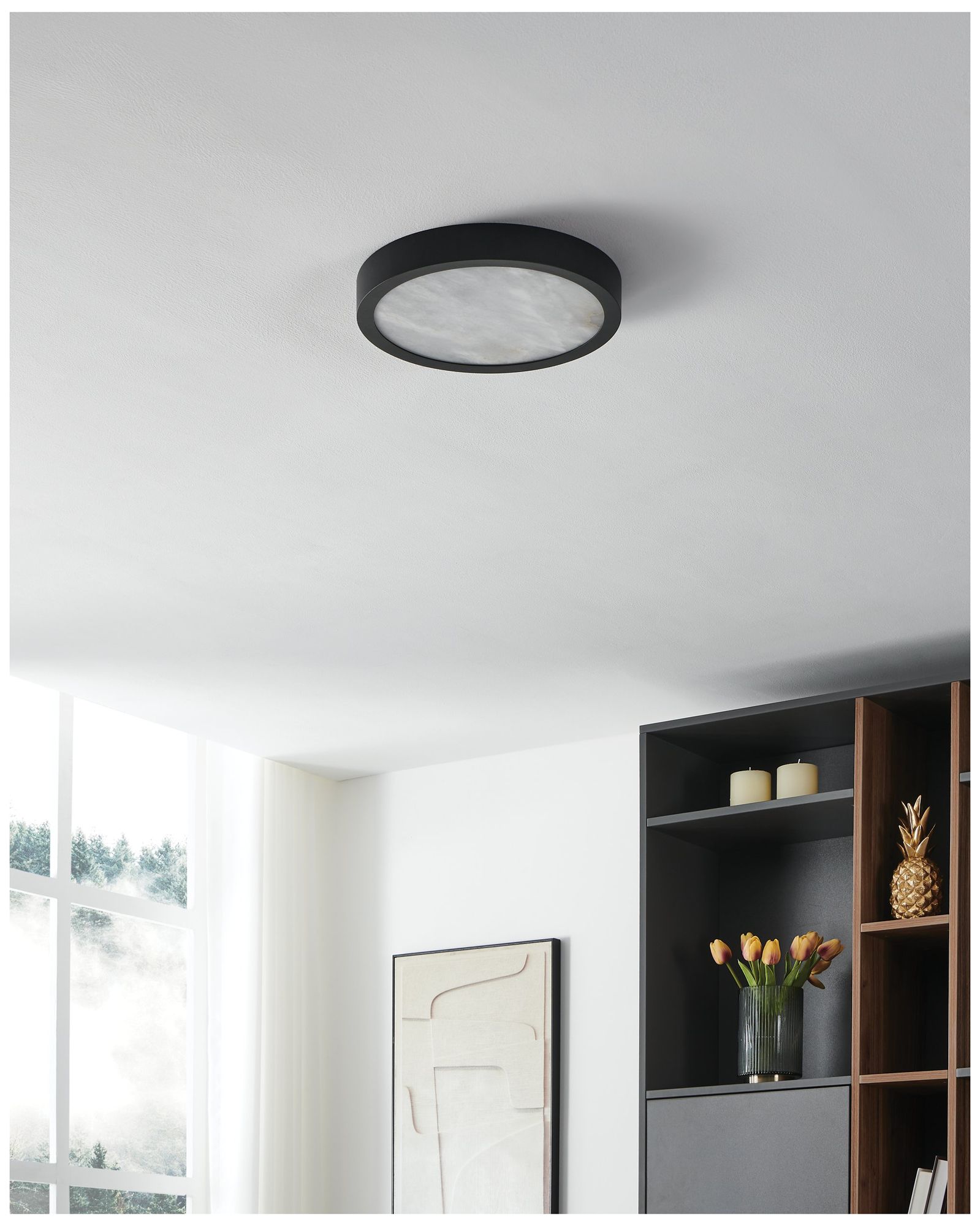 Thesis Argyle 12" Textured Black & Natural Alabaster 5CCT LED Flush Mount