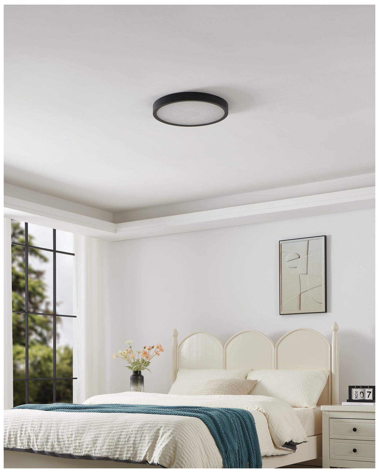 Thesis Argyle 16" Textured Black, Natural Alabaster 5CCT LED Flush Mount