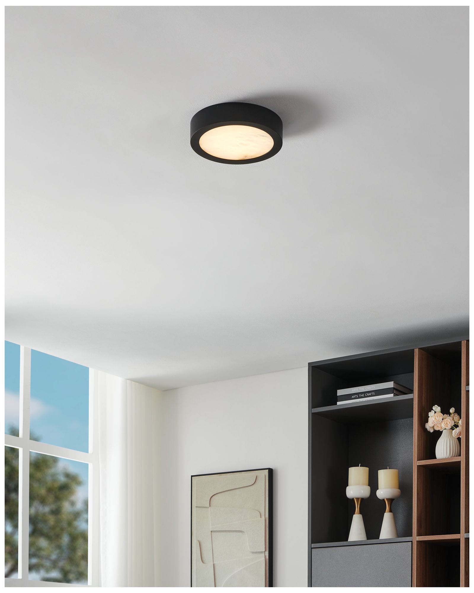 Image 7 Thesis Argyle 8 in. Textured Black / Nat. Alabaster 5CCT LED Flush Mount more views