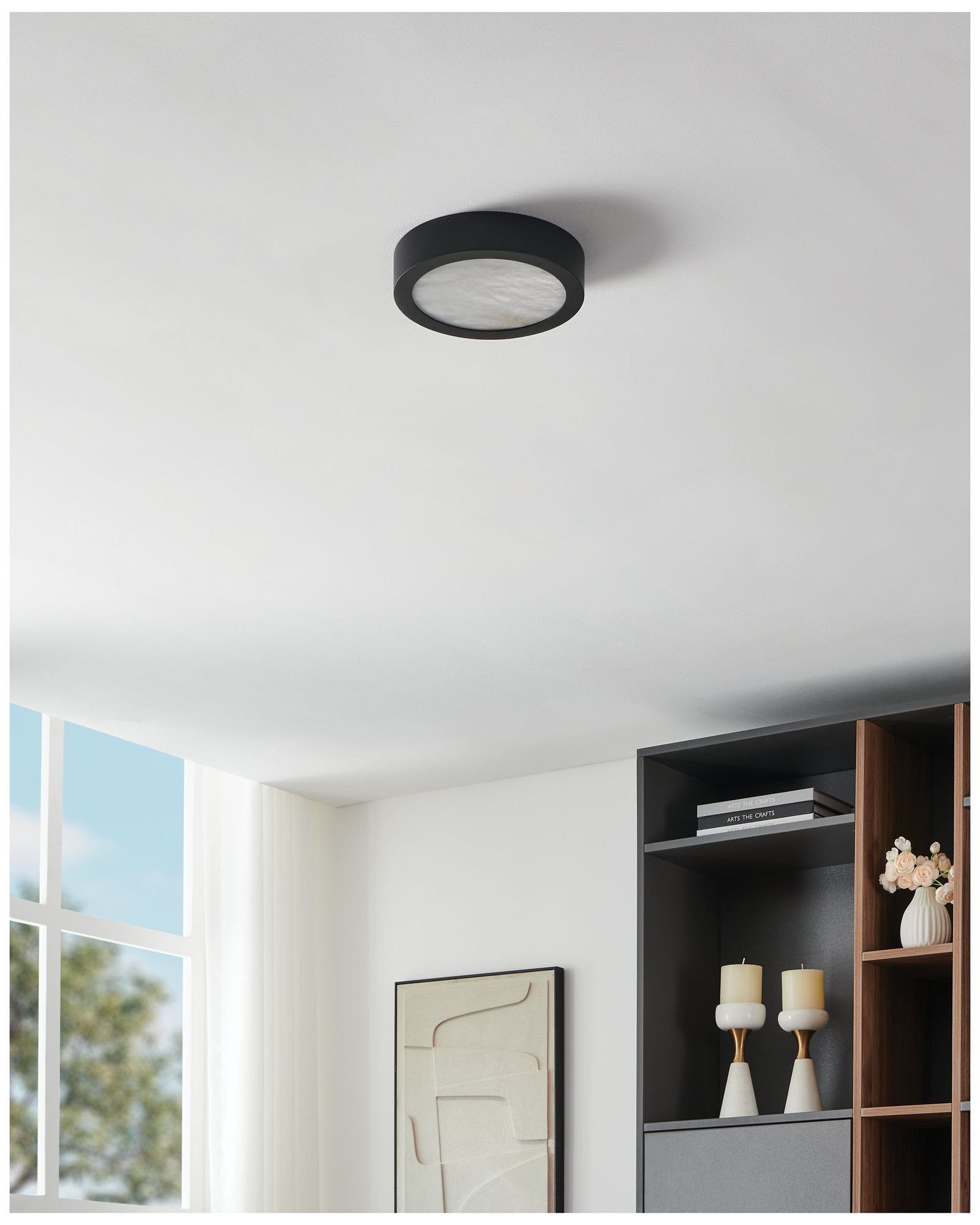 Thesis Argyle 8 in. Textured Black / Nat. Alabaster 5CCT LED Flush Mount