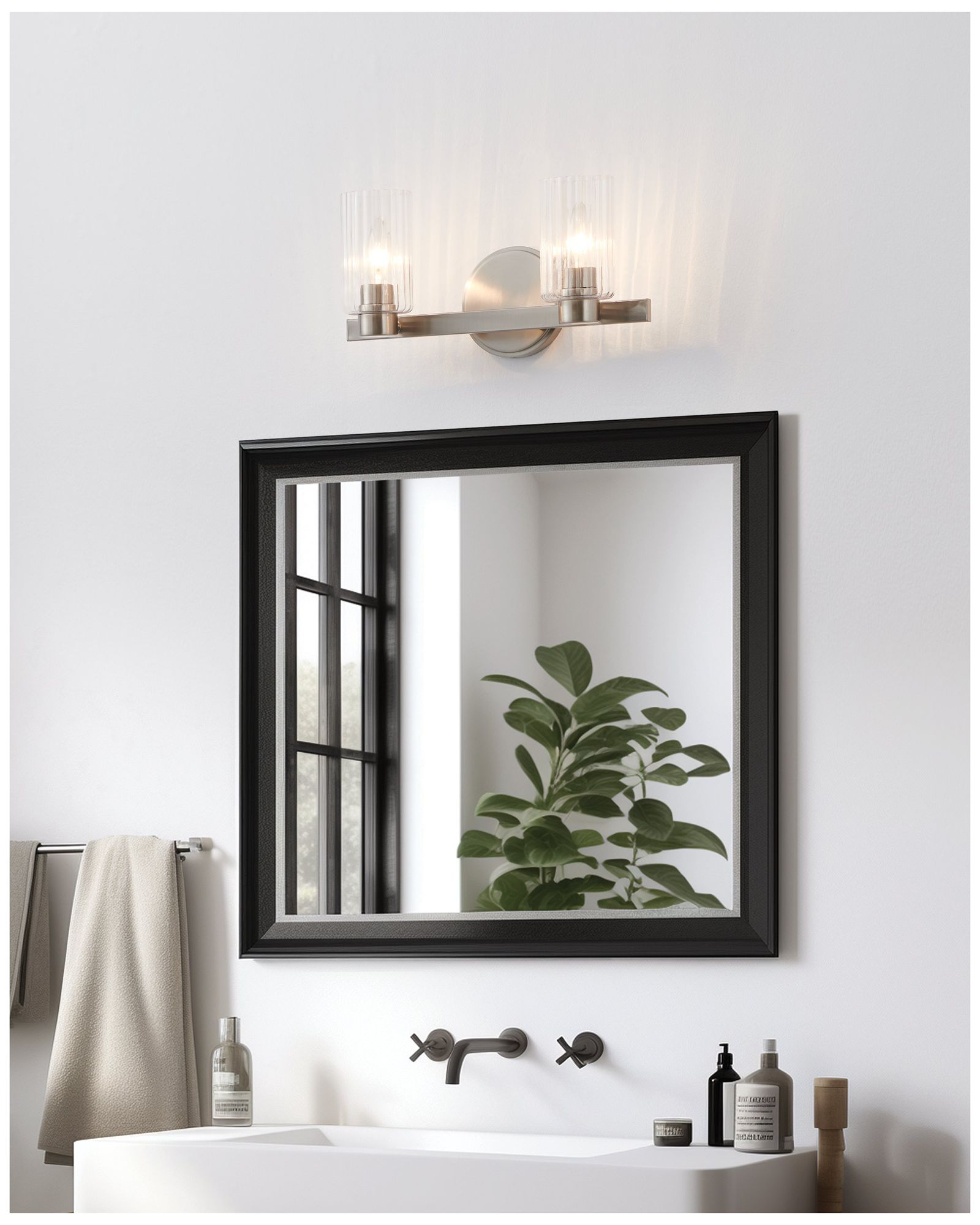 Image 7 Thesis Bedminster 14" Brushed Nickel Vanity Light, Clear Ribbed Glass more views