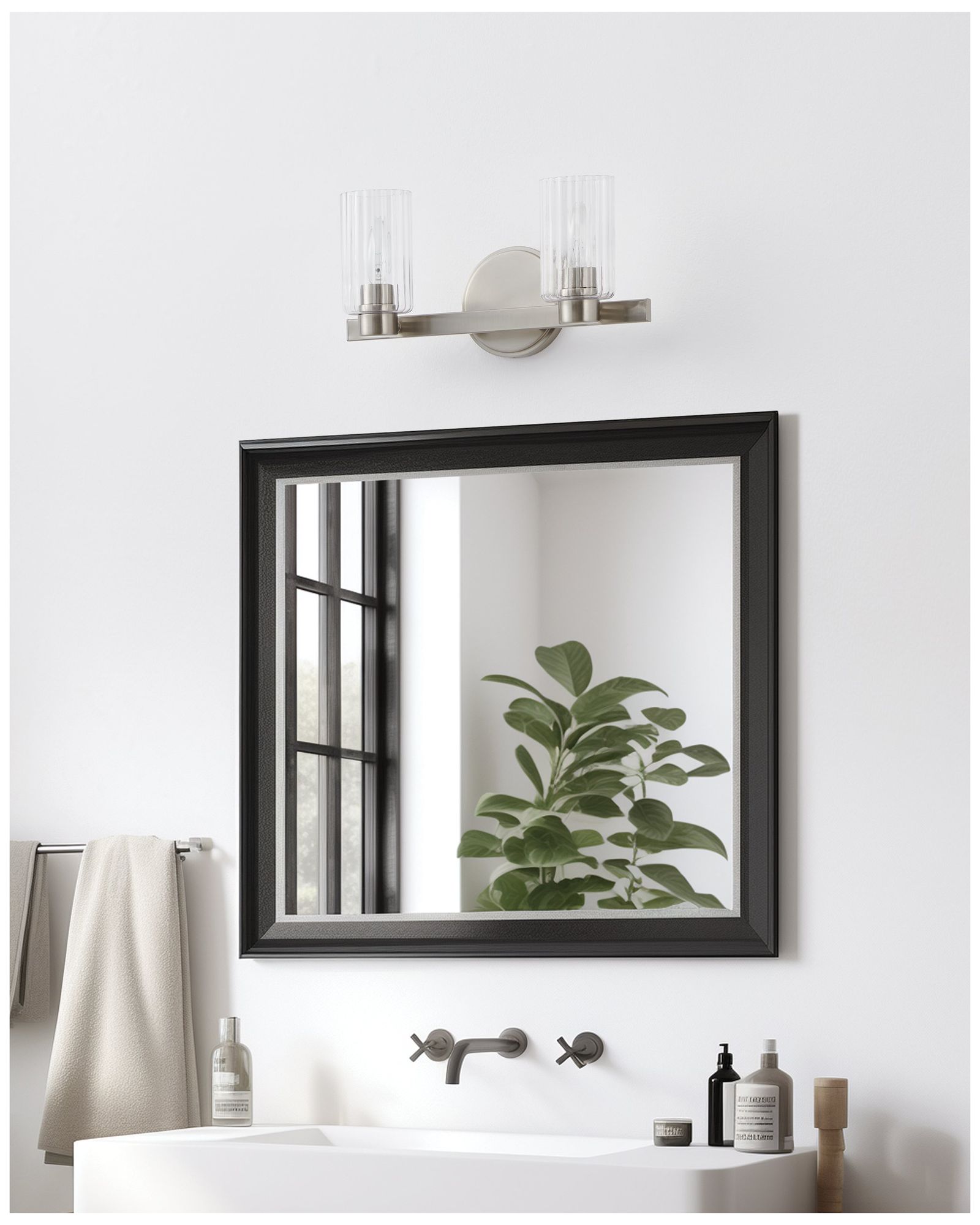 Thesis Bedminster 14" Brushed Nickel Vanity Light, Clear Ribbed Glass