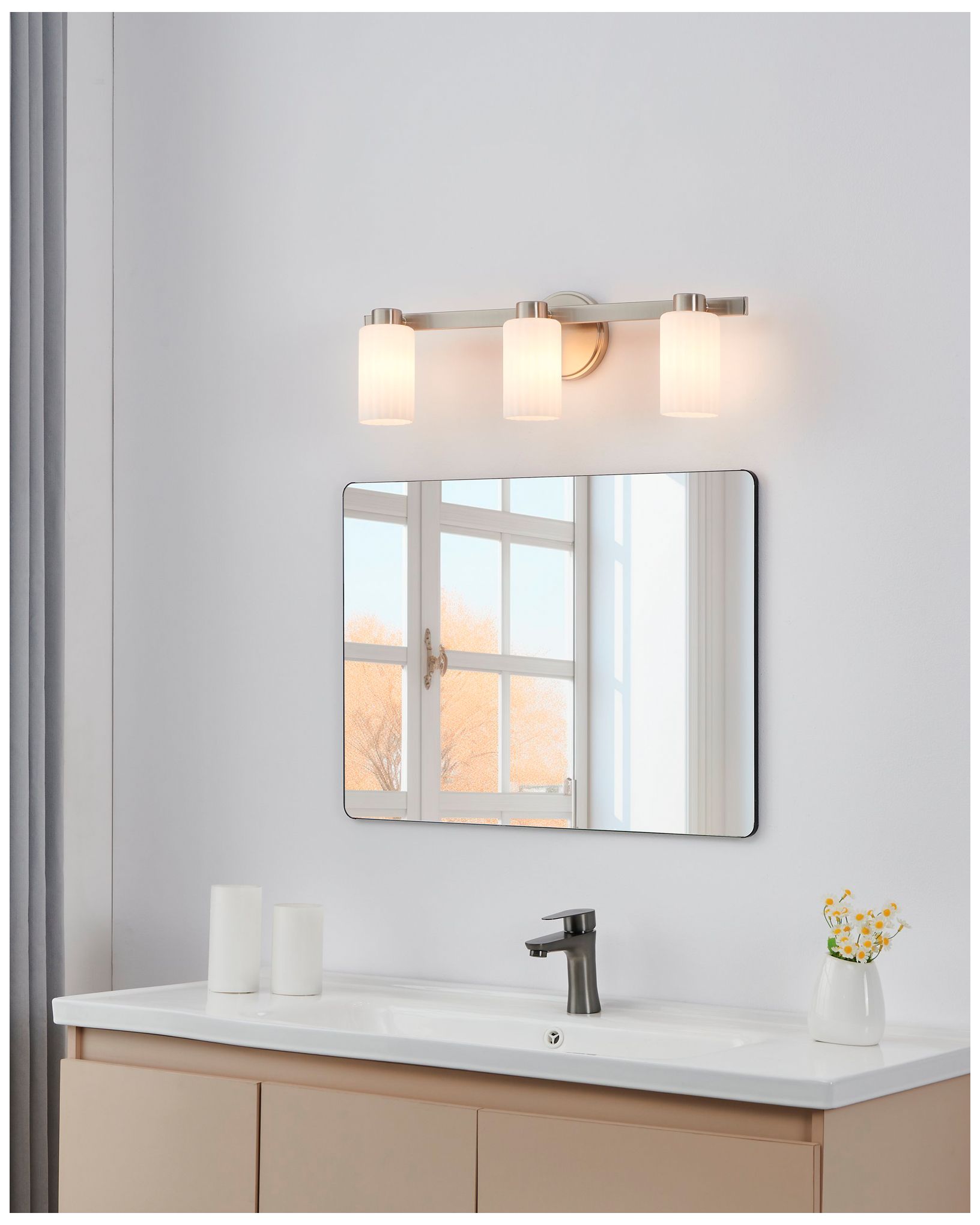 Image 7 Thesis Bedminster 14" Brushed Nickel Vanity Light, Clear Ribbed Glass more views