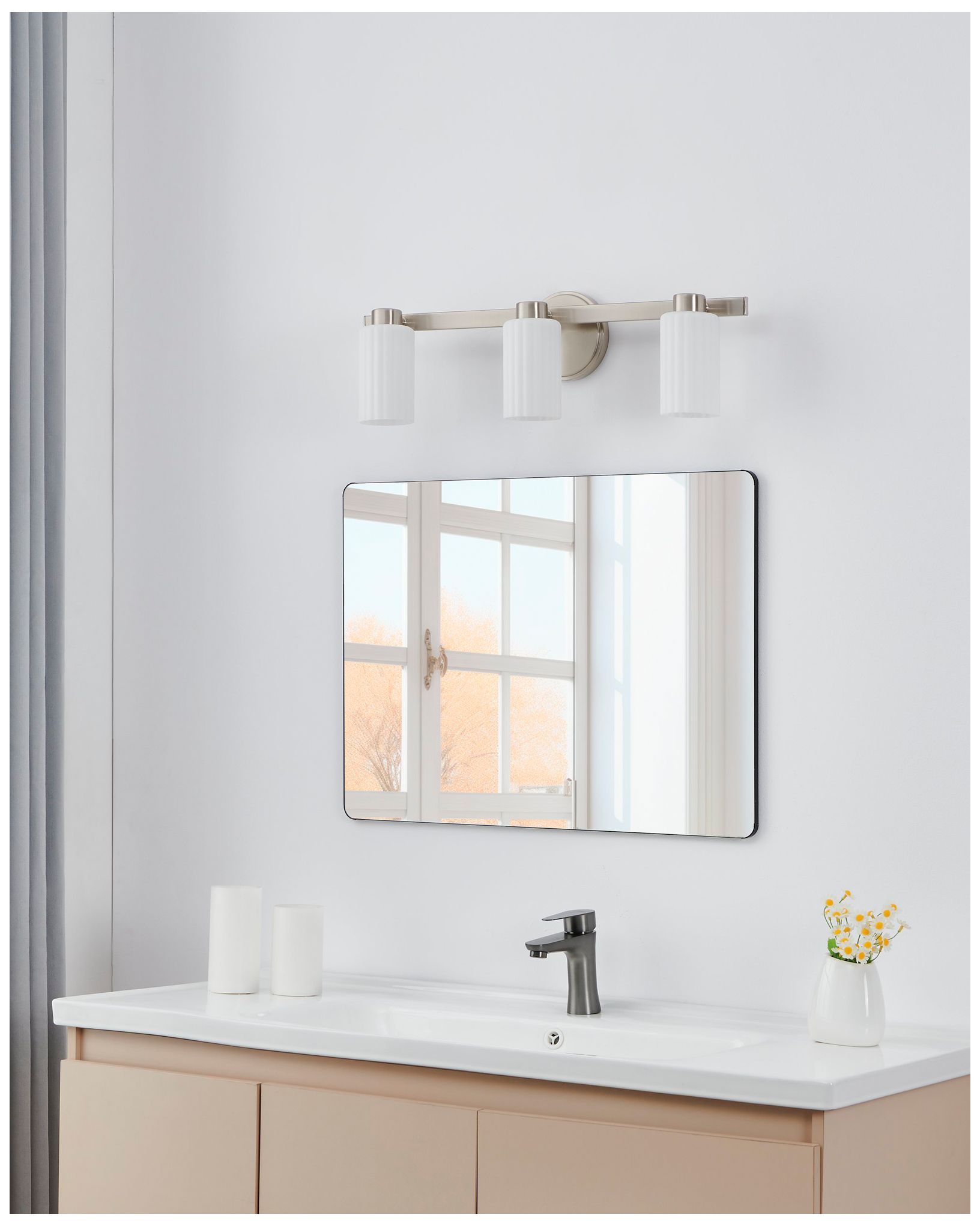 Thesis Bedminster 14" Brushed Nickel Vanity Light, Clear Ribbed Glass