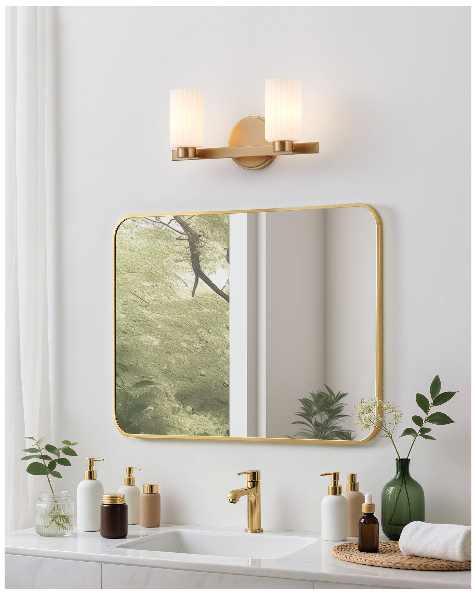 Image 7 Thesis Bedminster 14" Champagne Gold Vanity Light, Etched Opal Glass Shades more views