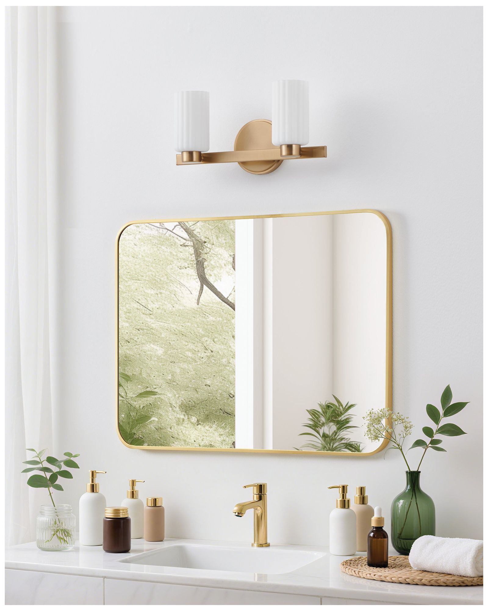 Thesis Bedminster 14" Champagne Gold Vanity Light, Etched Opal Glass Shades