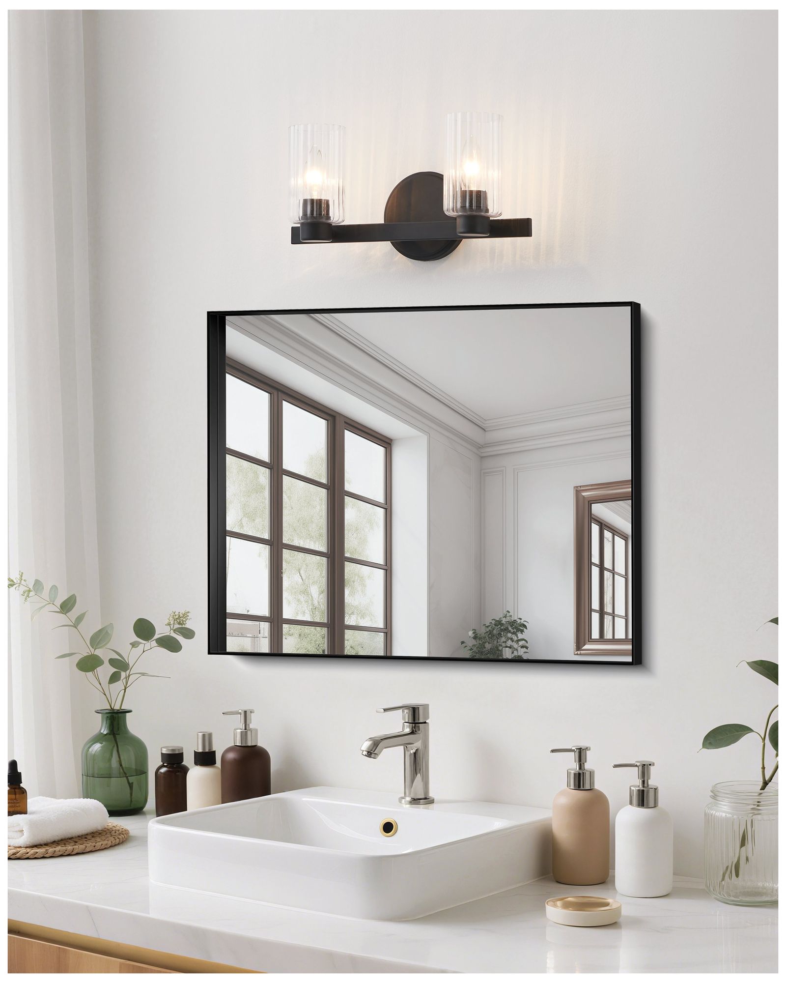 Thesis Bedminster 14" Matte Black Vanity Light, Clear Ribbed Glass Shades