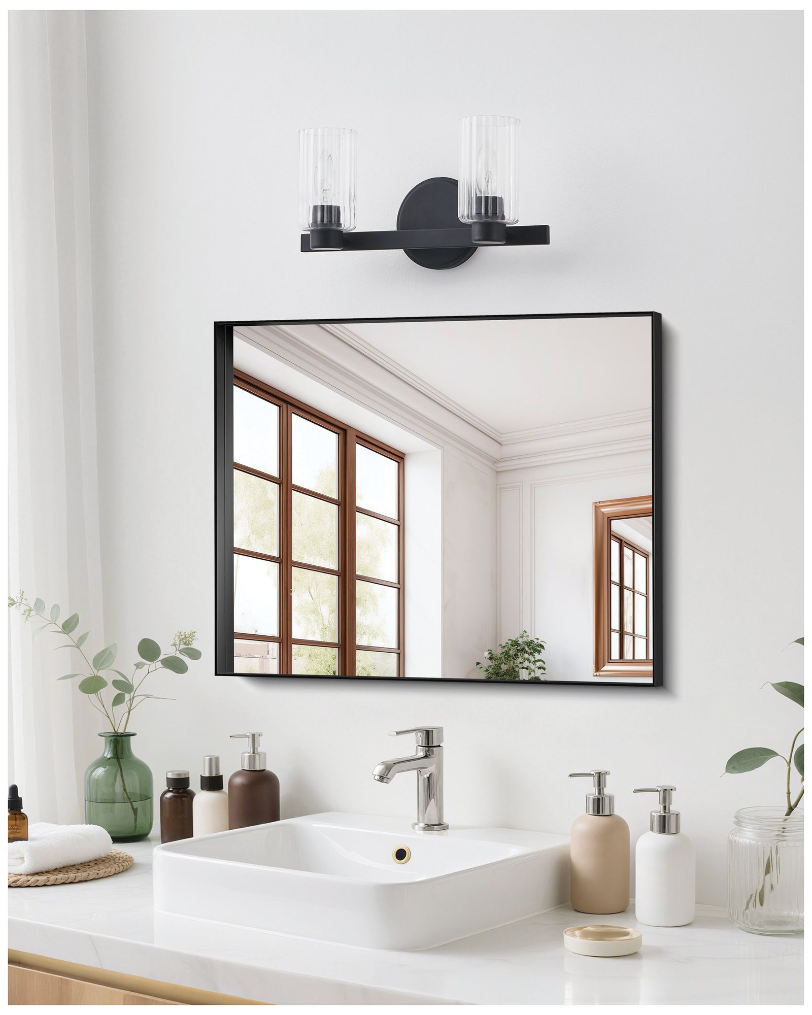 Thesis Bedminster 14" Matte Black Vanity Light, Clear Ribbed Glass Shades