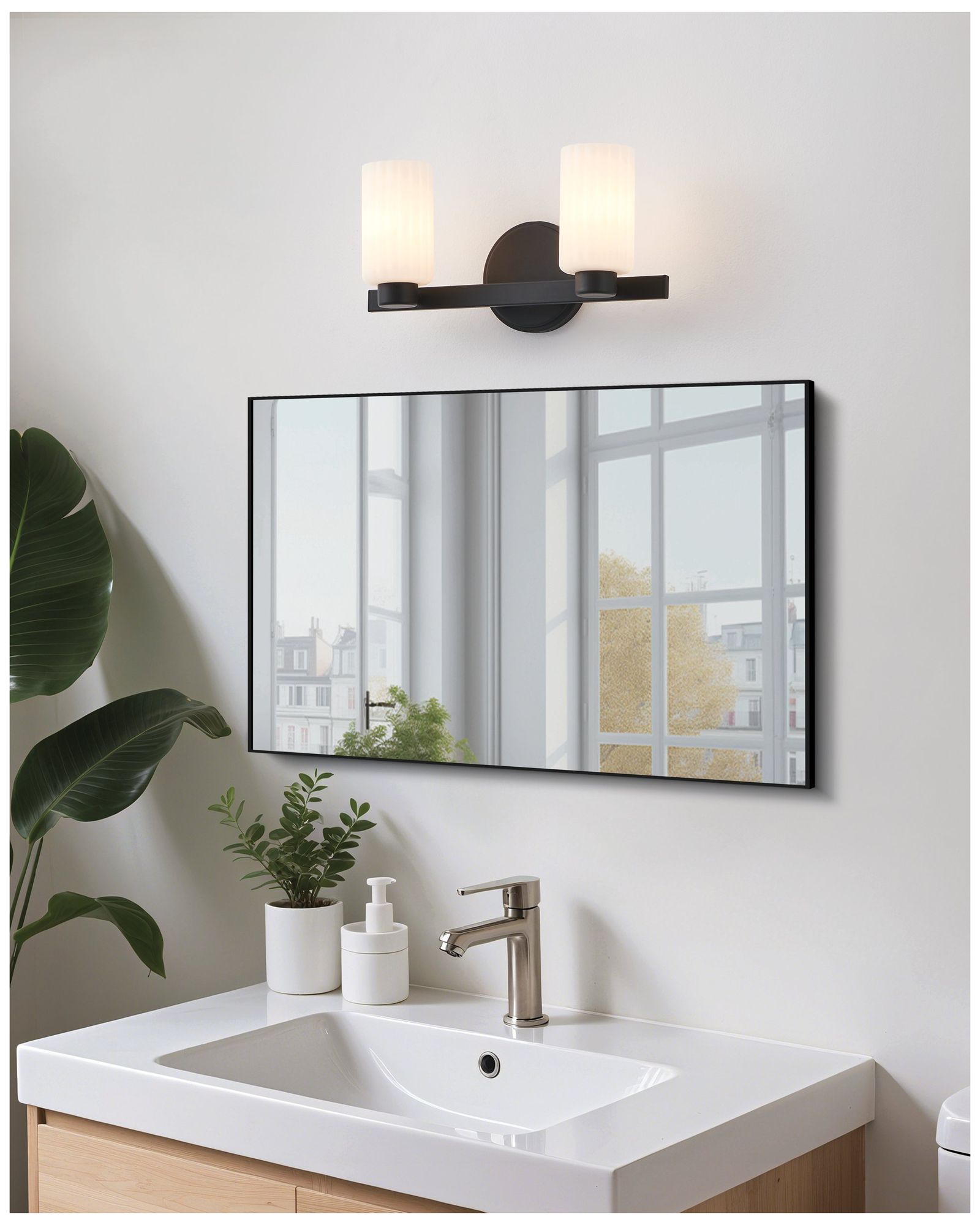 Image 7 Thesis Bedminster 14" Matte Blk Vanity Light, Etched Opal Ribbed Glass more views