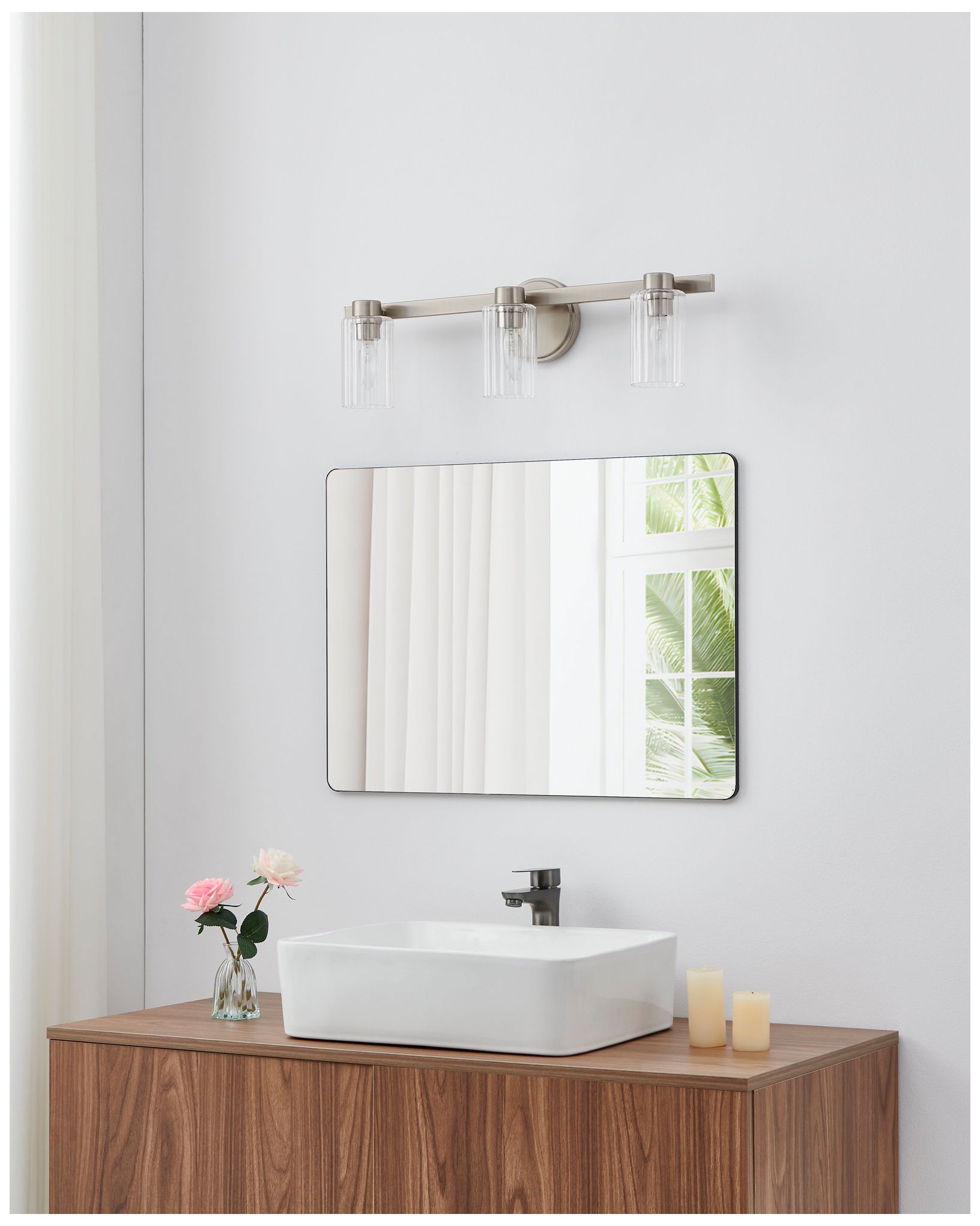 Thesis Bedminster 24" Br. Nickel Vanity Lt w/ Clear Ribbed Glass