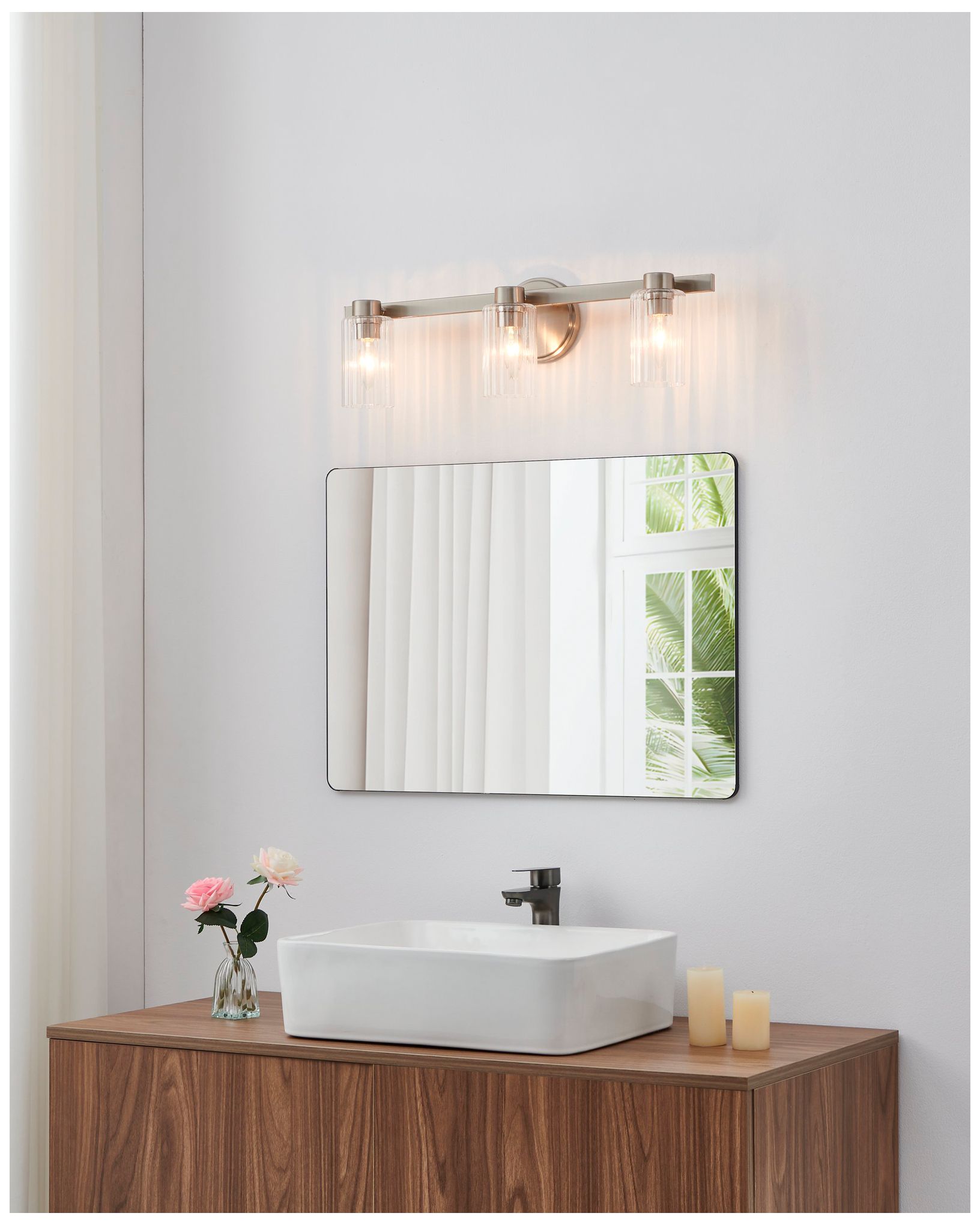Thesis Bedminster 24" Br. Nickel Vanity Lt w/ Clear Ribbed Glass