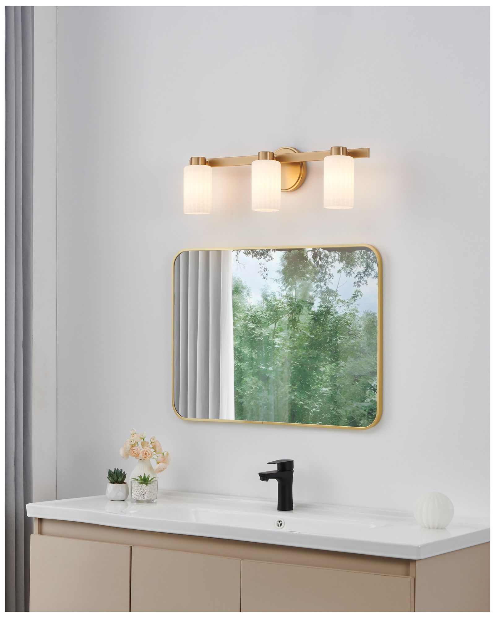 Image 7 Thesis Bedminster 24" Champagne Gold Vanity Light, Etched Opal Glass Shades more views