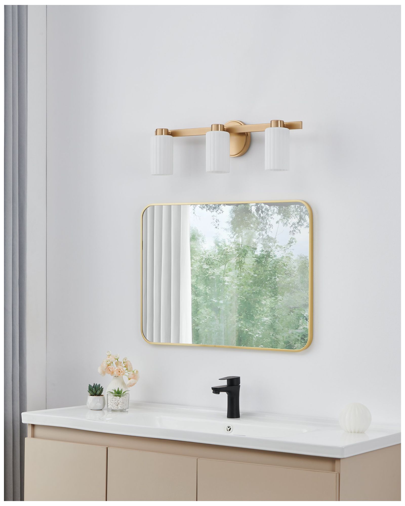Thesis Bedminster 24" Champagne Gold Vanity Light, Etched Opal Glass Shades