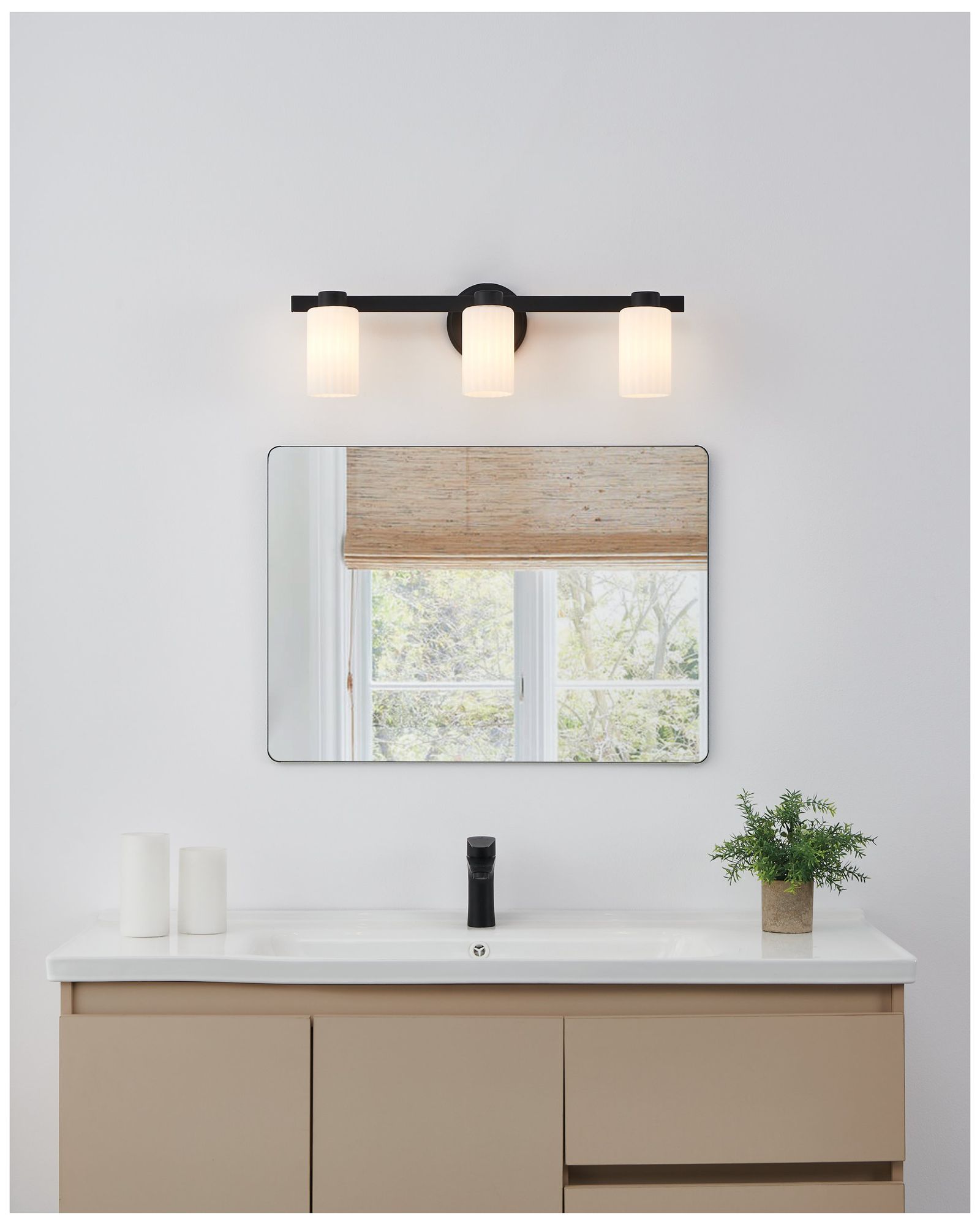 Image 7 Thesis Bedminster 24" Matte Black Vanity Light - Etched Opal Glass Shades more views