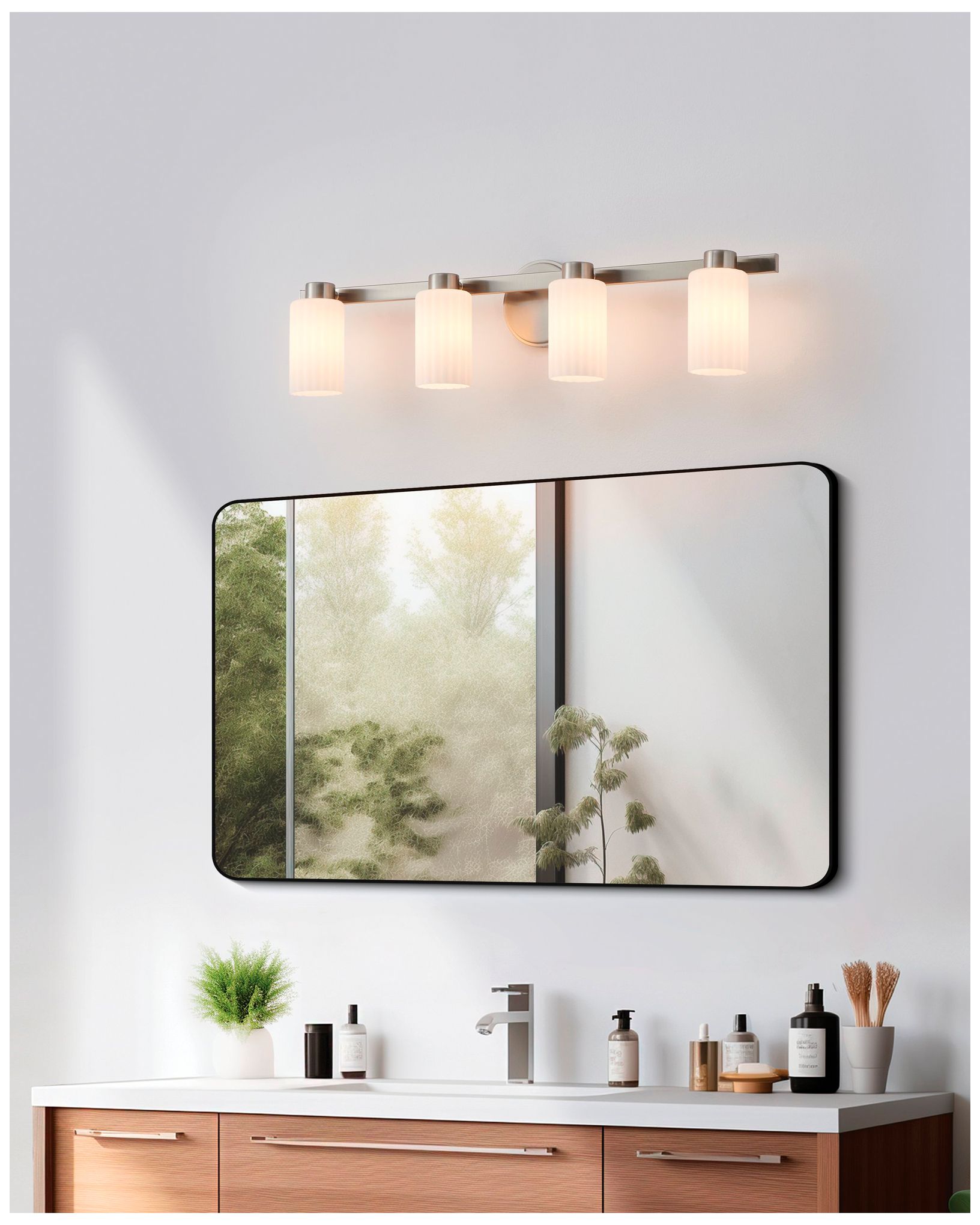 Image 7 Thesis Bedminster 30" Br. Nickel Vanity Light w/ Etched Opal Glass Shades more views