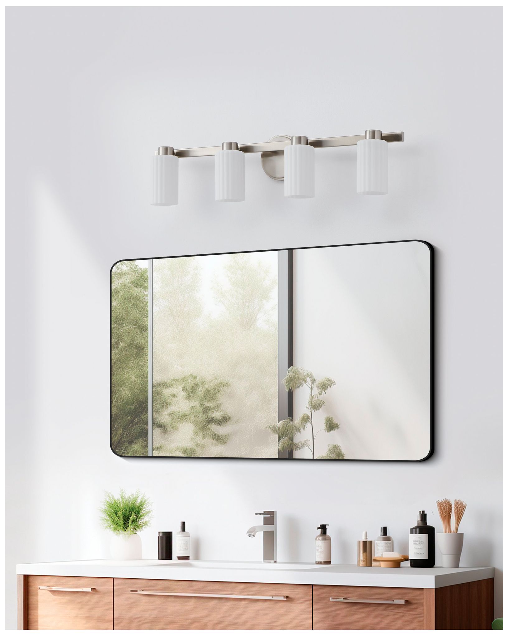 Thesis Bedminster 30" Br. Nickel Vanity Light w/ Etched Opal Glass Shades