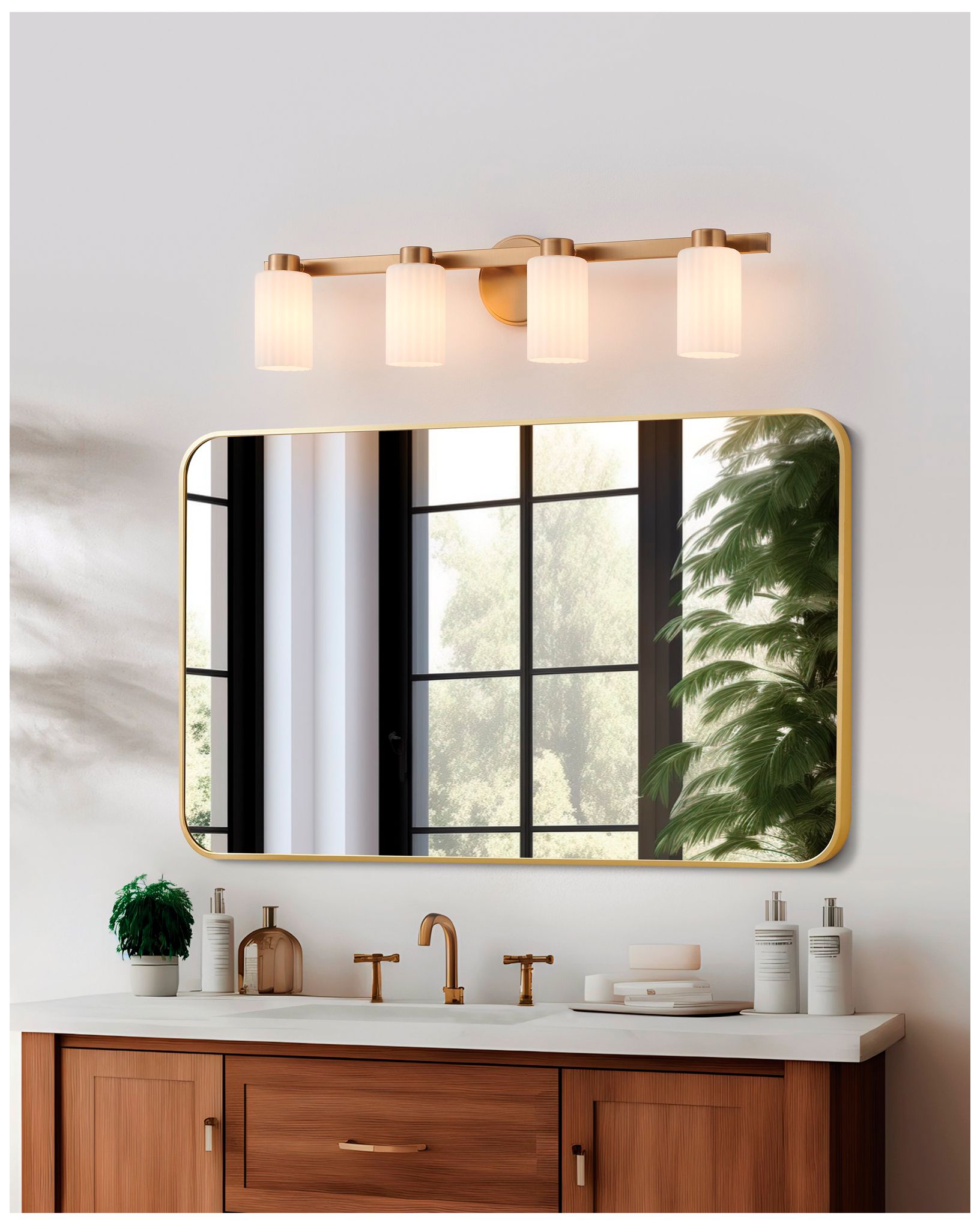 Image 7 Thesis Bedminster 30" Champagne Gold Vanity Light, Etched Opal Glass Shades more views