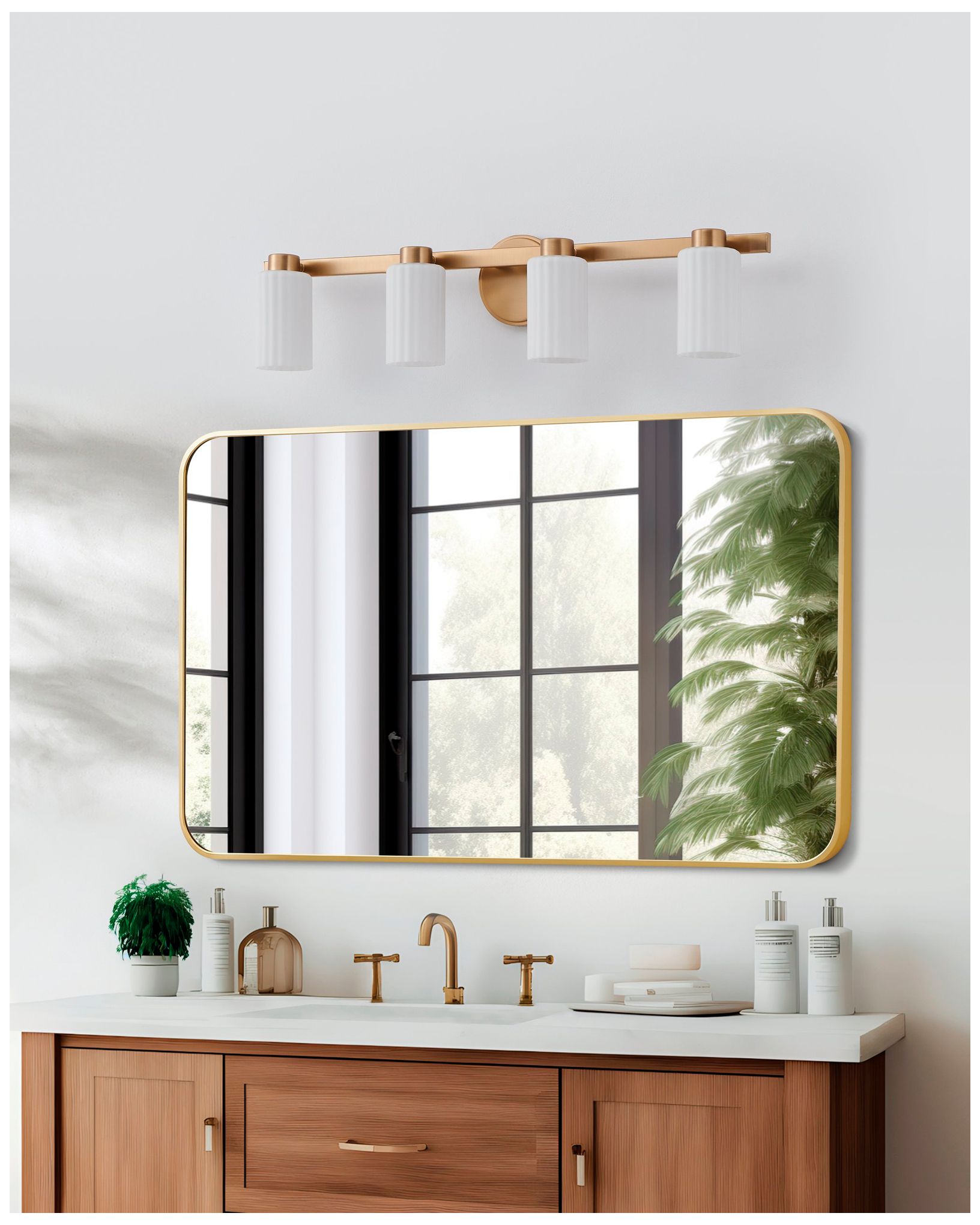 Thesis Bedminster 30" Champagne Gold Vanity Light, Etched Opal Glass Shades