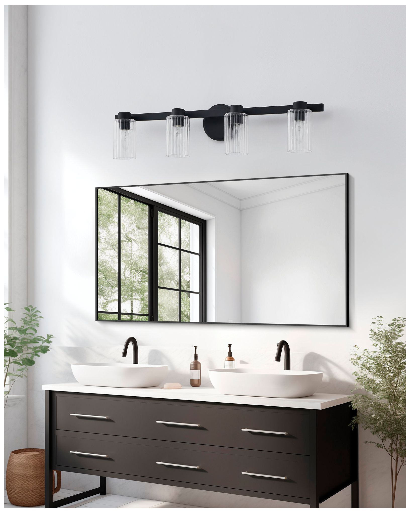 Thesis Bedminster 30" Matte Black Vanity Light w/ Clear Ribbed Glass Shades